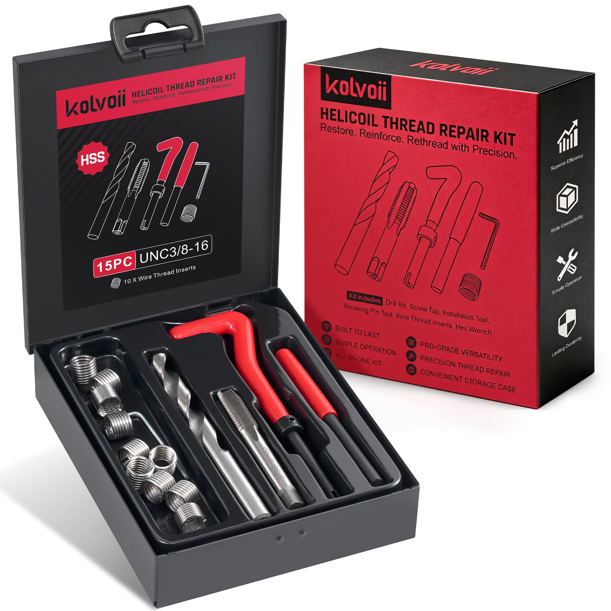 Kolvoii Kit di riparazione filettatura UNC3/8-16, kit di riparazione filettatura SAE Helicoil con punte da trapano HSS, inserti filettati, rubinetti, strumenti di installazione