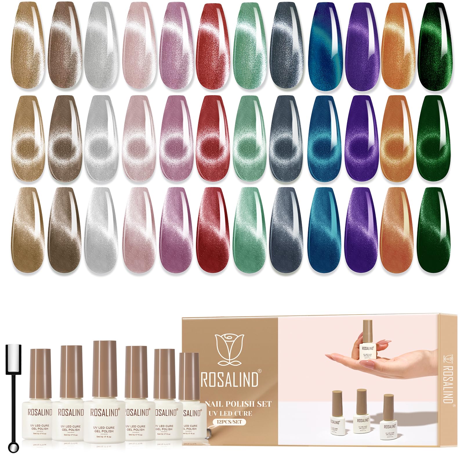 ROSALIND Lakier do paznokci UV Cateye, 12 kolorów, czerwony, niebieski, fioletowy, żel do paznokci Cat Eye
