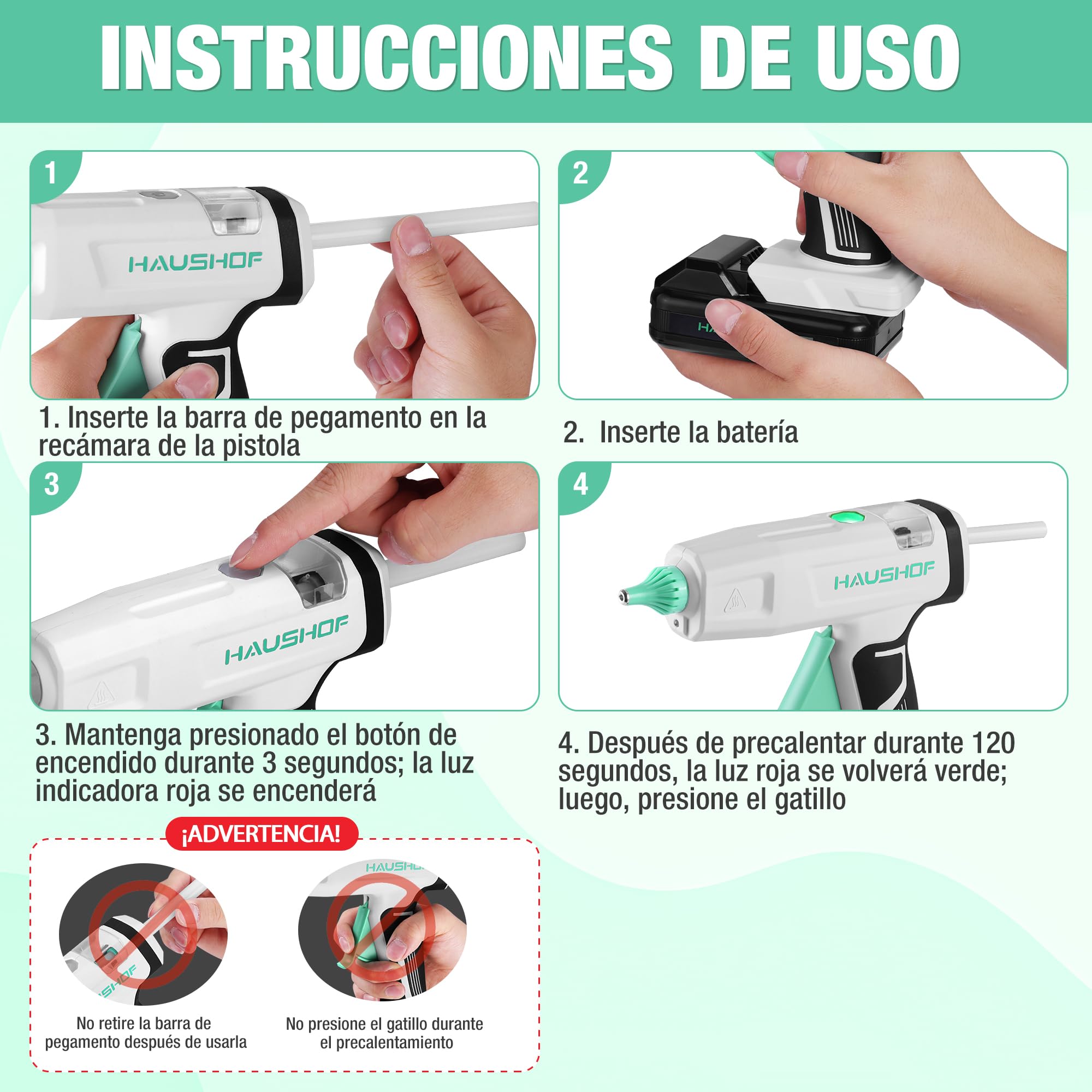 HAUSHOF Pistola de Silicona Caliente 20V Inalámbrica, Pistola de Pegamento a Batería, 12 g/min, Incluye 20 Barras 11×150 mm, para Manualidades y Reparaciones