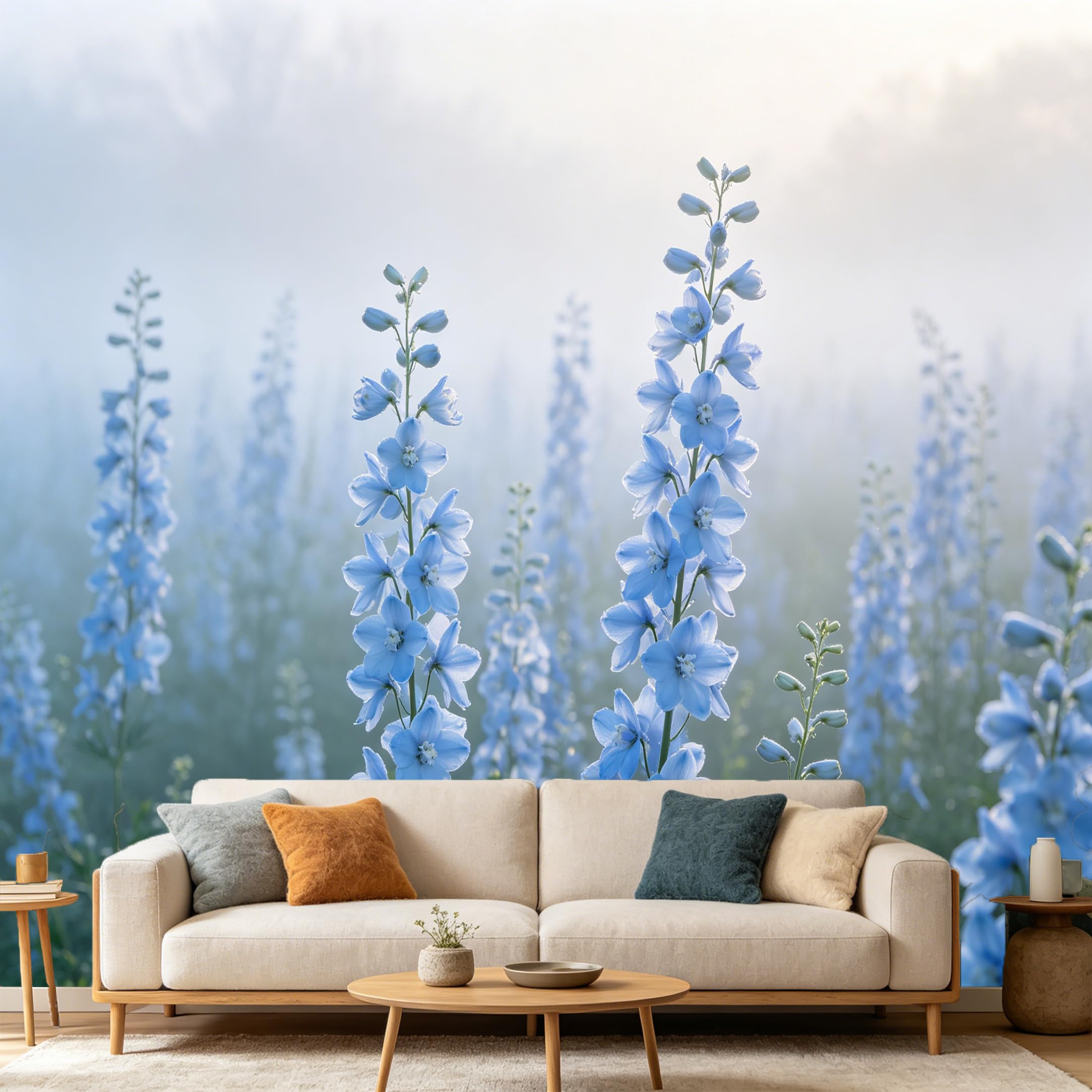 Custom Size Wall Mural Botanical Blue Delphinium Flowers Misty Morning Landscape SelfAdhesive Art Prints wall Fabric（No PVC） Removable Wallpaper Home Bedroom Decor
