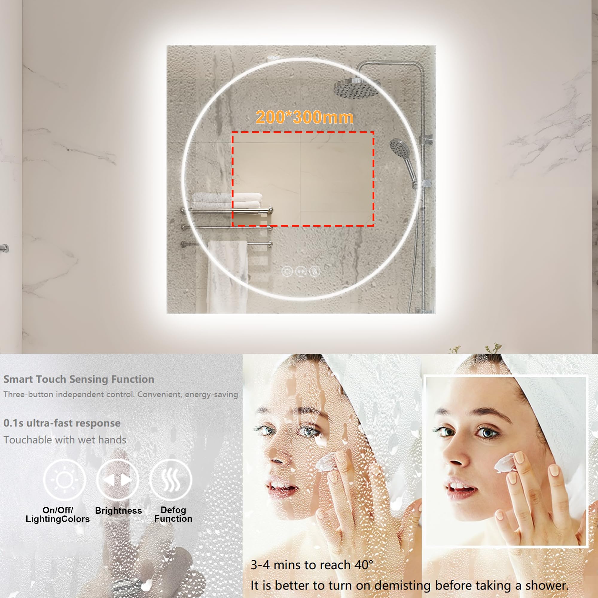LUVODI Miroir de Salle de Bain avec éclairage, 70 x 70 cm, Miroir Mural et Interrupteur Tactile, IP65 LED, avec Fonction mémoire, 3 températures de Couleur, Horizontale/Verticale, Verre trempé HD