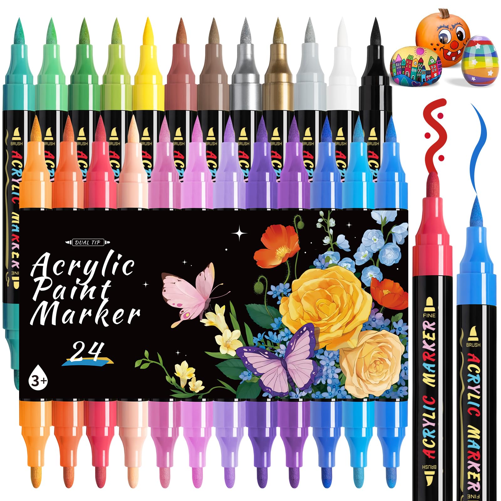 Dual Tip Acrylic Paint Markers, Paint Pens with Fine Tip and Brush Tip Pens, Coloring Markers No Bleed, for Paper, Pottery, Stones, Backpacks, Glass, Eggs, Fabrics, Plastics, Handicrafts
