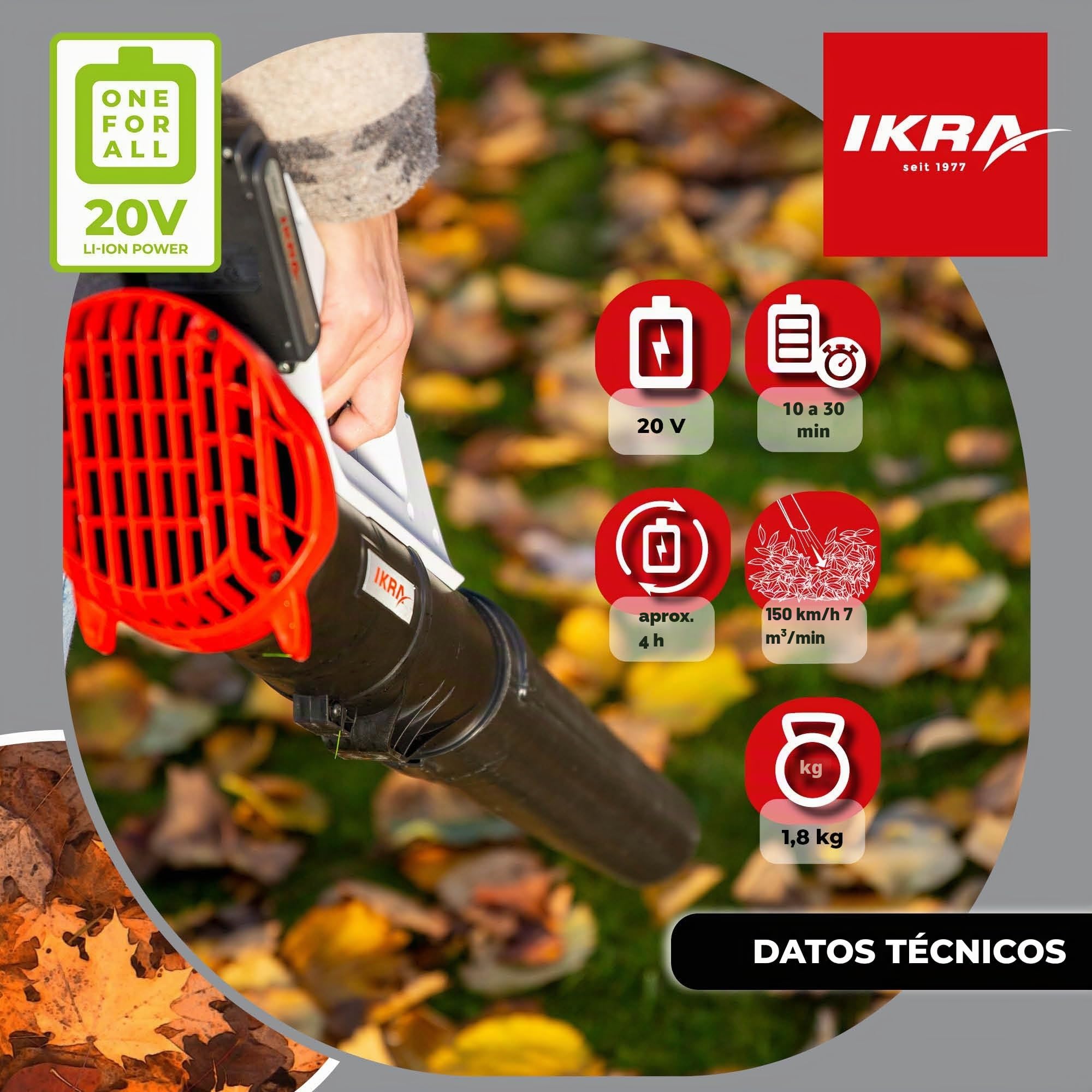 IKRA soplador de hojas ICB 20, incl. batería 20V 2Ah y cargador, 150 km/h | El soplador axial retira incluso las hojas húmedas, regulación de velocidad variable, compacto y ligero, gama de 20 V de IKRA