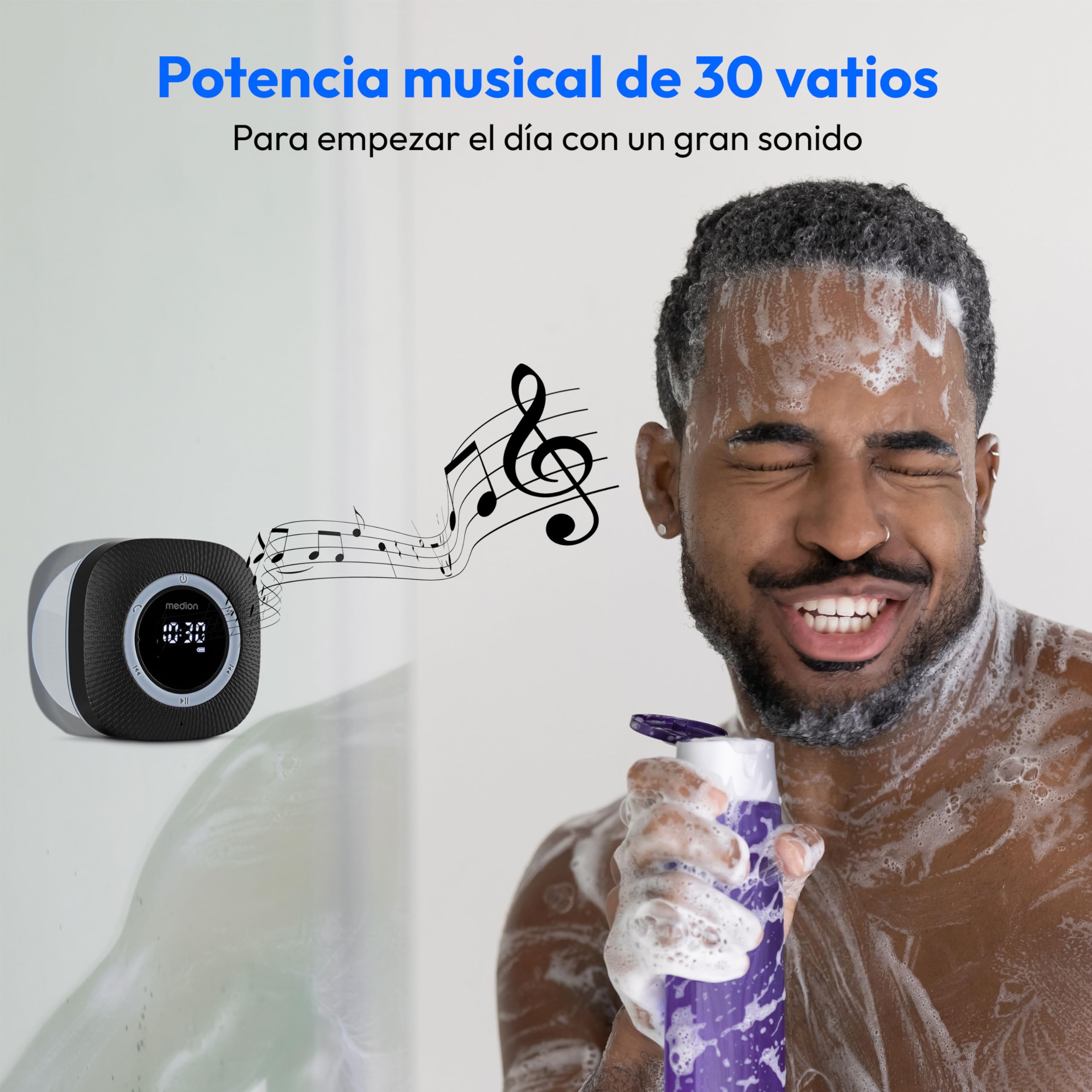 MEDION P66096 Radio de Ducha con Bluetooth (Radio de baño, Radio FM, Ventosa, Pantalla LED, Impermeable IPX6, batería Recargable integrada, MD43884) Negro