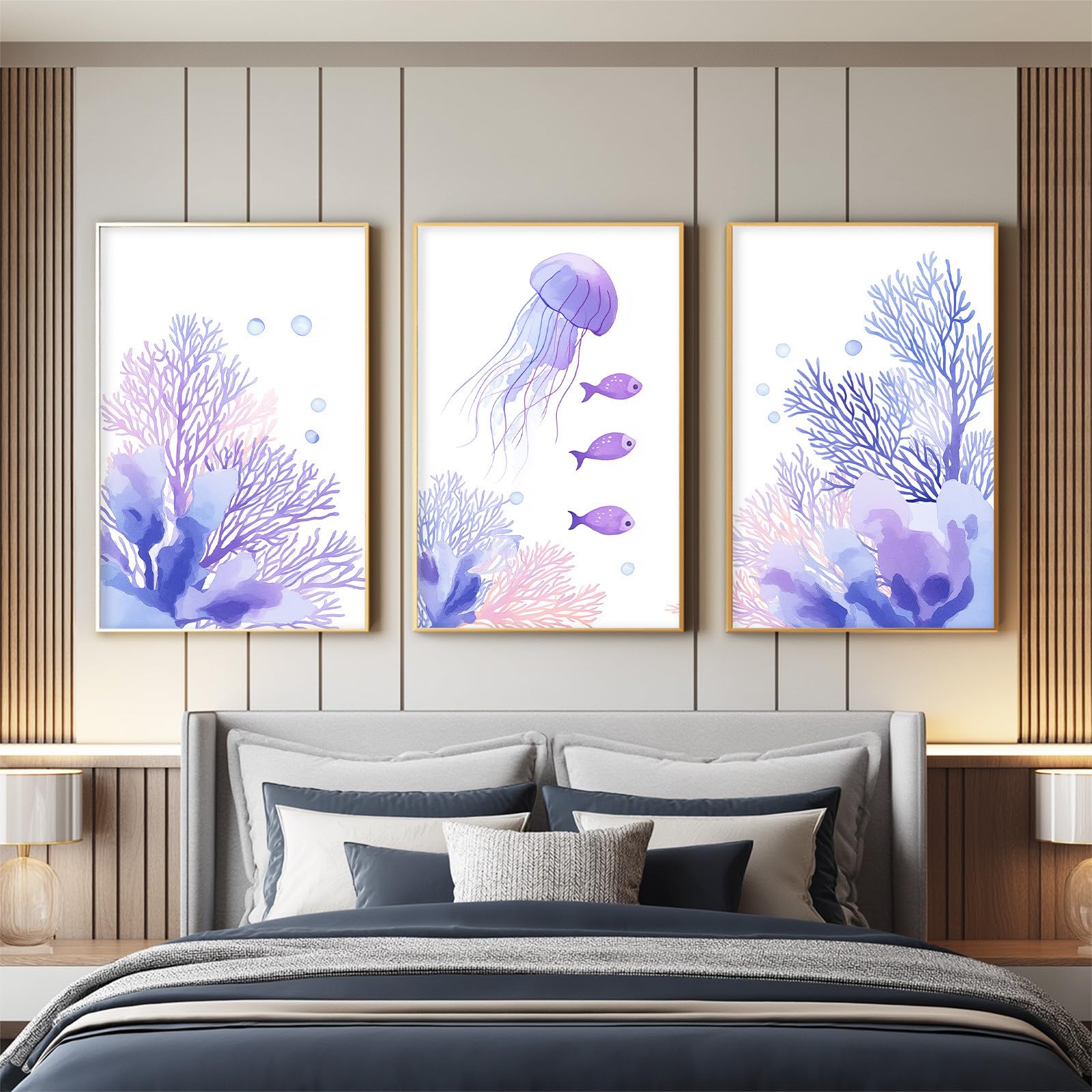 Générique 3 Plakat Dekoracja Ścienna Akwarela Ocean, Duży Plakat Ścienny Minimalistyczny Świeże Świeże Zwierzę Koral Meduza Pokojowe Obrazy Na Korytarz Bankiety Kuchnia, 40 x 50 cm