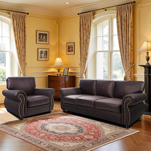 Living Room Furniture Sets,Sofa Sets and Couch Sets for Living Room,Mid-Century Vintage Sofa Couches with Rivet Design (Brown, Single+3 Seater)