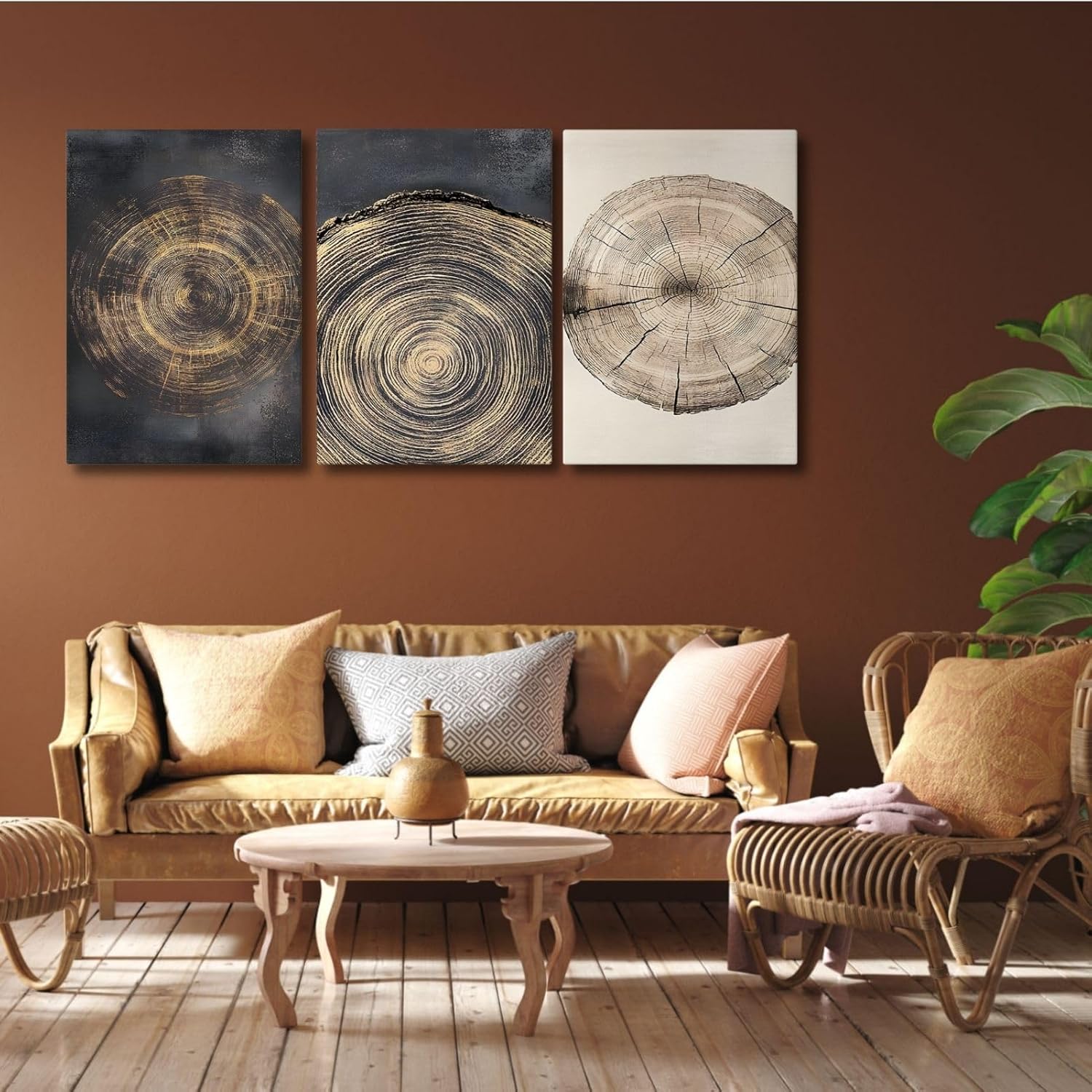 Hotuijxca Tree Ring Canvas Wall Art, Modern Wood Stump Wall Decor, Tree Spiral Wall Art, Abstract Neutral Nature Wall Art Print for Living Room, Bedroom, Office (16" x 24" x 3 pcs, Wood)