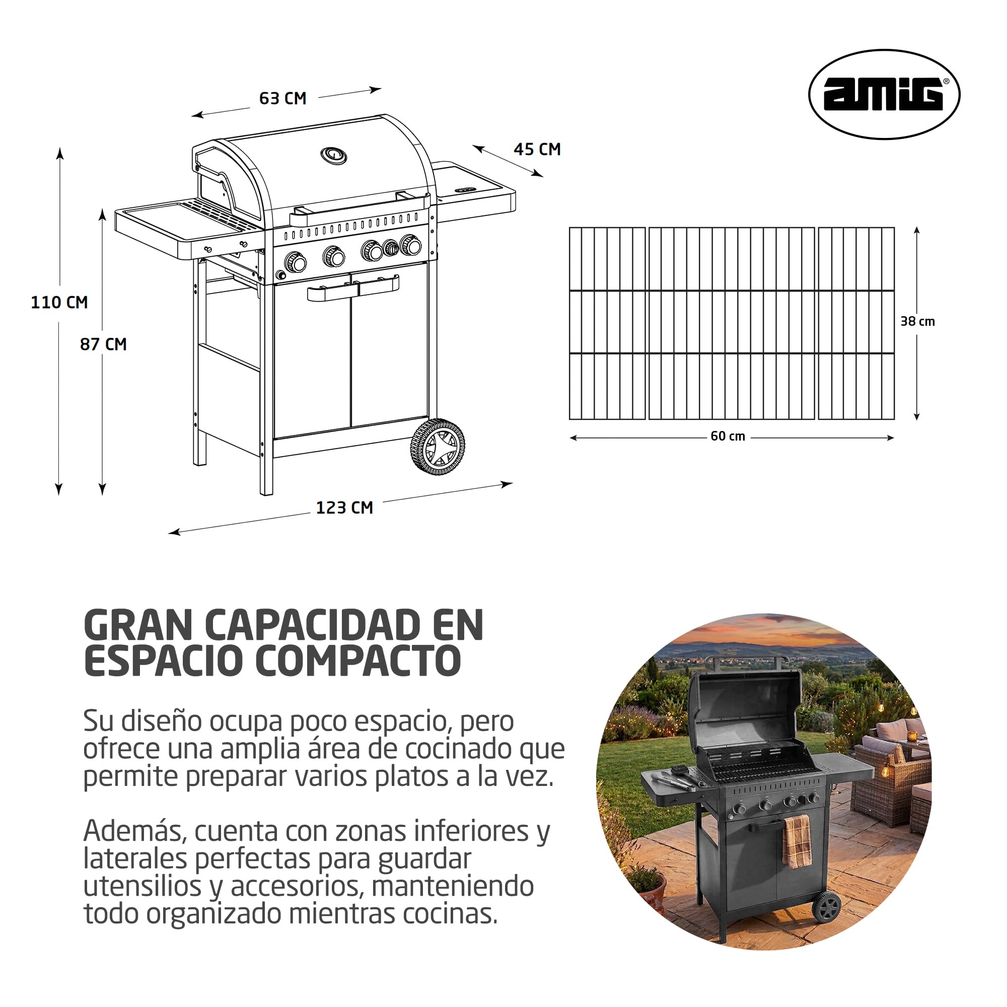 Amig - Barbacoa de Gas IGNIS 4+1 (4 Quemadores + 1 Lateral) - 123 x 55 x 110 cm - Superficie de Cocción 60 x 38 cm - Con Termómetro, Bandejas Laterales, Ruedas y Parrilla de Hierro Fundido - Negro