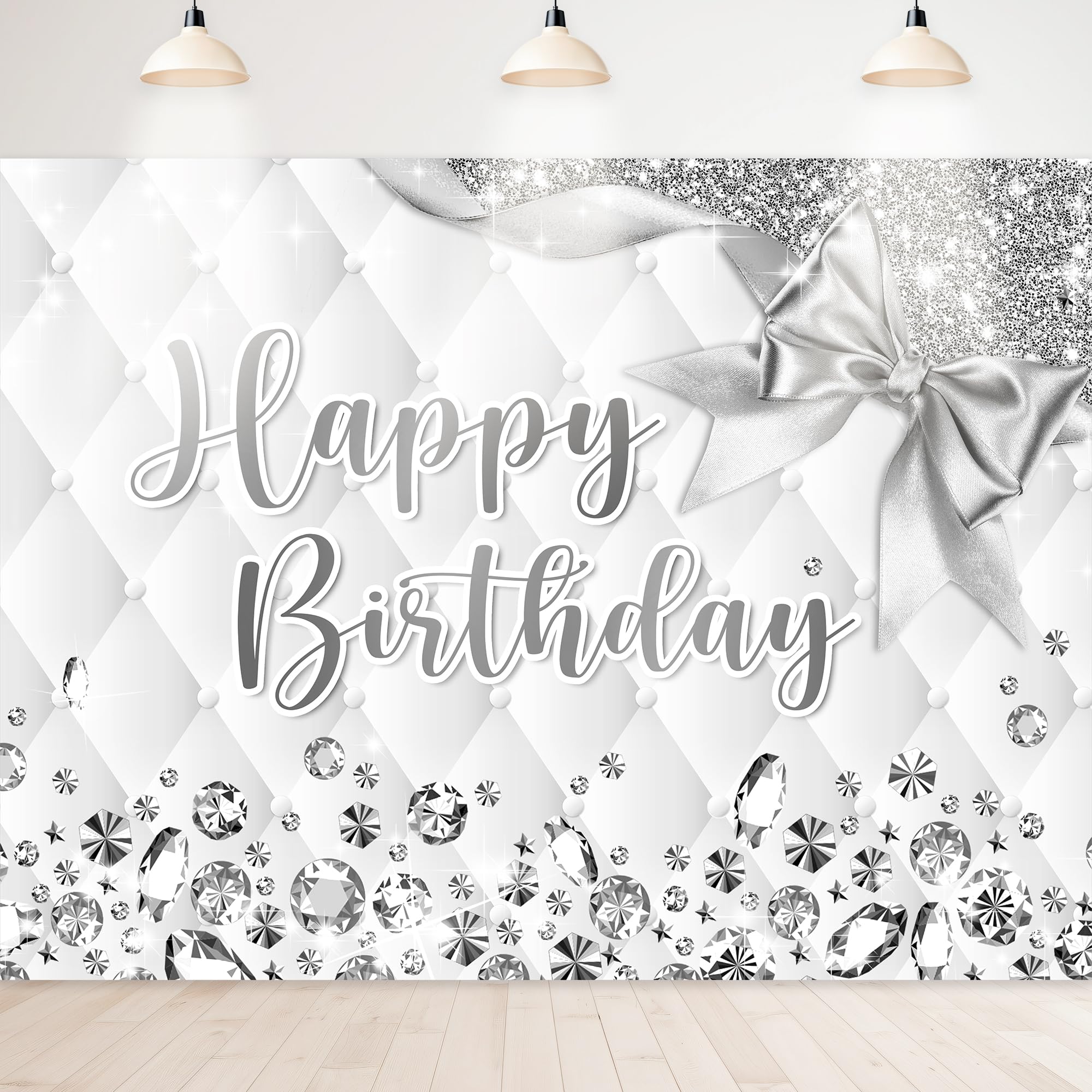 Newsely White and Silver Birthday Backdrop 8Wx6H Photography Happy Birthday Backdrop Diamonds Bday for Girls Women Background Modern Luxury Elegant