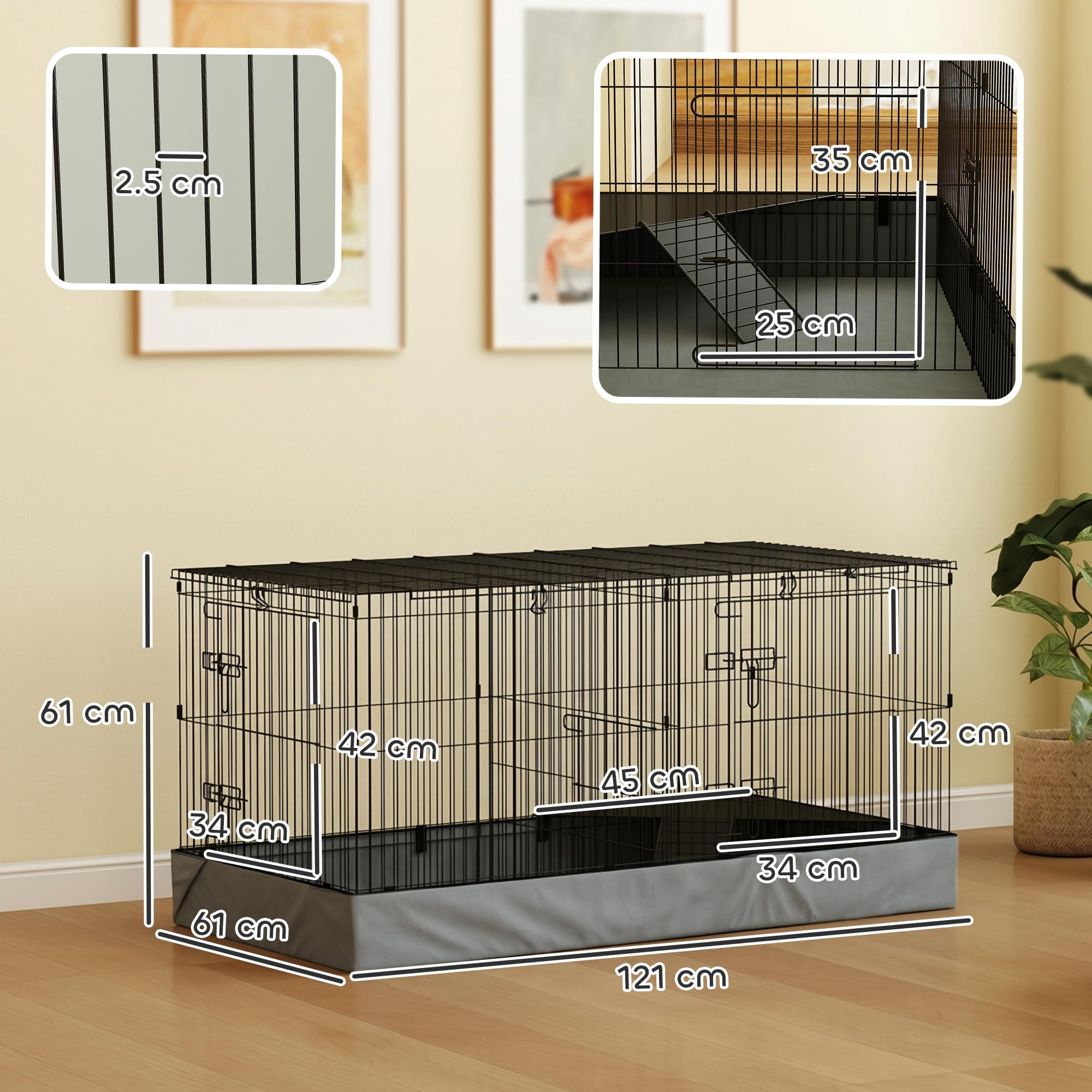 PawHut Gabbia per Animali Piccoli 2 in 1 Recinto Conigli 121x61x61 cm Nero | Porcellini d'India, Coperchio Rimovibile, Fondo Impermeabile, Gabbiette Separate, Porta Centrale, Rampa
