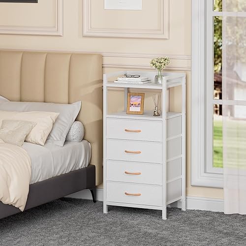 Miniatura 8 de Furnulem Mesita de noche blanca para dormitorio, cómoda pequeña con 4 cajones de tela, mesa auxiliar vertical torre de almacenamiento para armario,