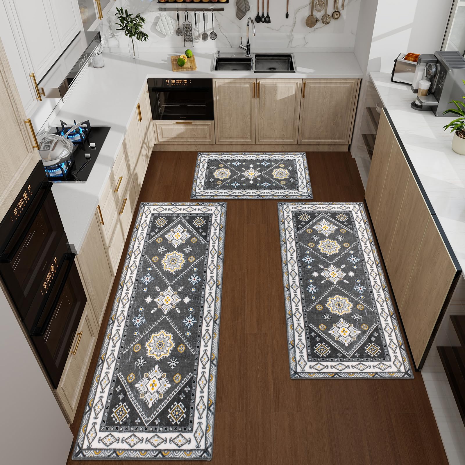 Boho Kitchen Mats for Floor 3 PCS, Non-Slip Kitchen Rug Sets, Waterproof Mats for Kitchen Floor, Farmhouse Washable Runner Rugs for Hallway Laundry