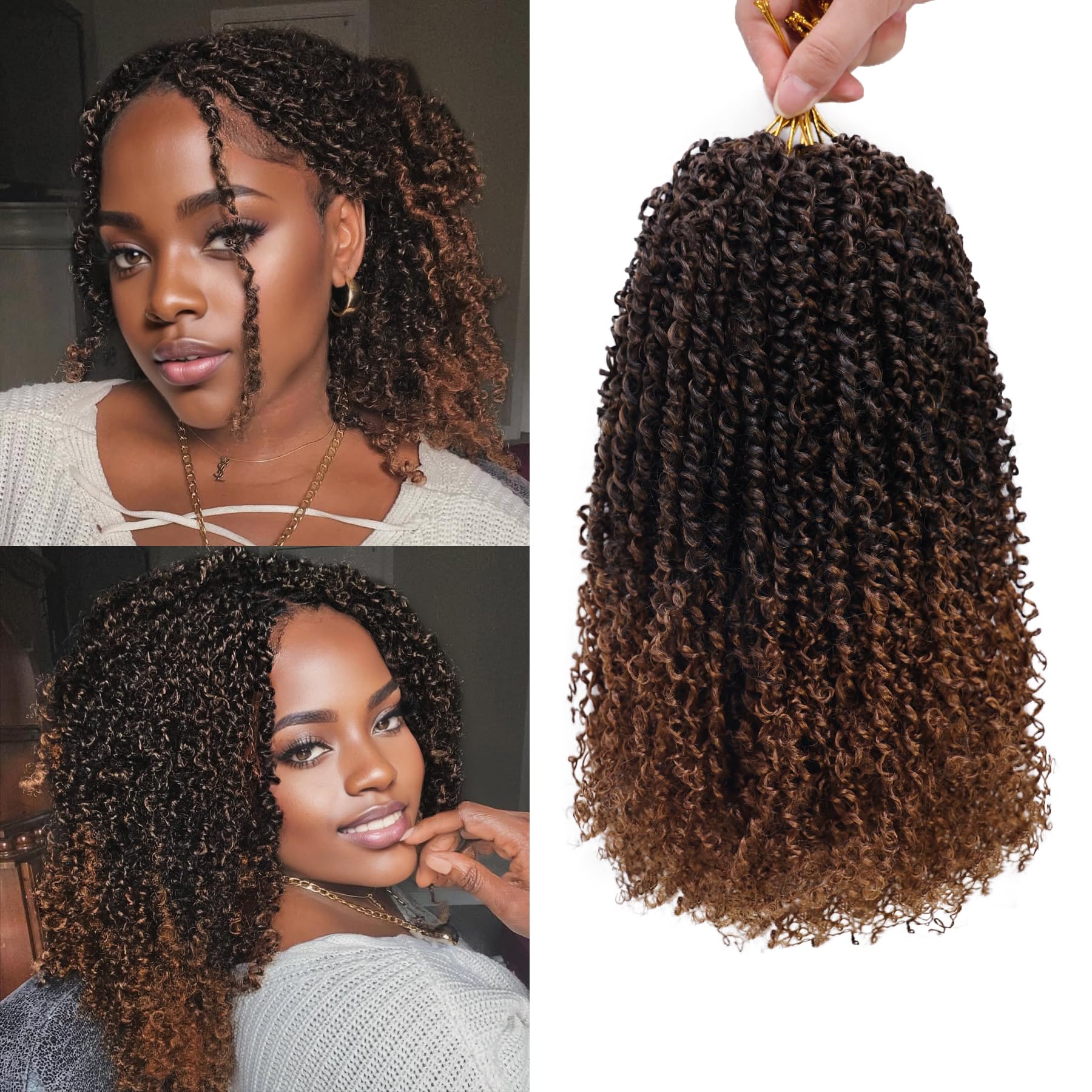 Yanky Twist Crochet Hair for black women 12 Inch 8 Packs 30 Stands/Pc,Pre-looped Fluffy Spring Mini Twist Passion Twist Ombre Brown Synthetic Crochet