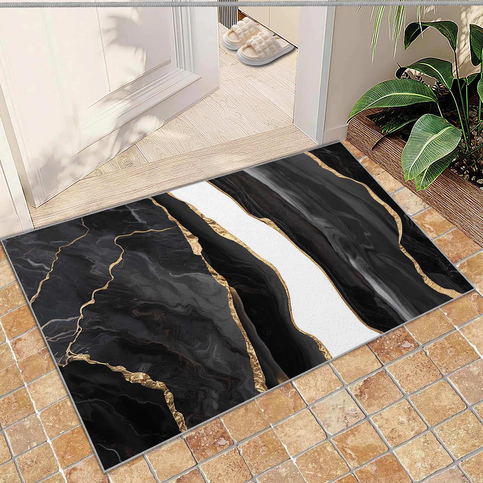 FACADUP Black and White Small Rug 50x80cm Modern Black and White Rug, Abstract Minimalist Layering Marble Rug, Hallway Entrance Rug Anti-Slip Throw Floor Rug for Bathroom Laundry Room Kitchen