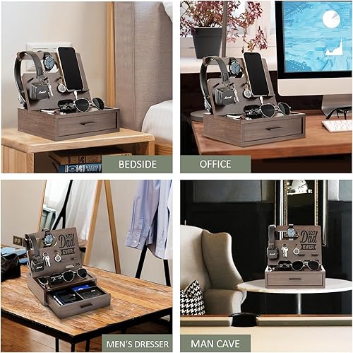 Miniatura 6 de EcoLeafy Dot Best Dad Ever Gifts - Organizador de mesita de noche para hombres, estación de acoplamiento para papá, regalos personalizados para