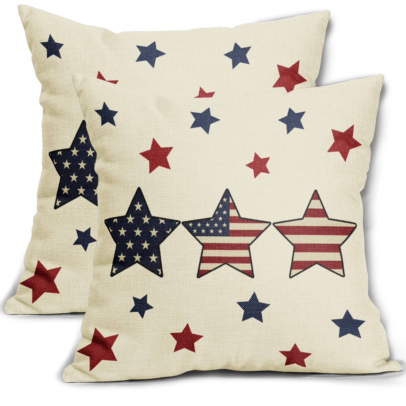 4th of July Patriotic Pillow Covers 18x18 Inch Set of 2 Memorial Day USA Flag Blue Red Stars and Stripes Decorative Pillow Cases Outdoor Linen Square Cushion Cover Farmhouse Decor for Sofa Couch Bed