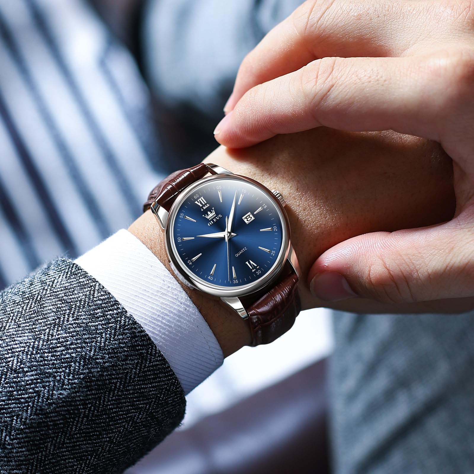 OLEVS Lederuhren für Herren, Lederband, Uhren für Herren mit Datum, wasserdicht, großes Zifferblatt, leicht zu lesen, lässig, Quarz, analog, minimalistisch, Relojes para Hombres
