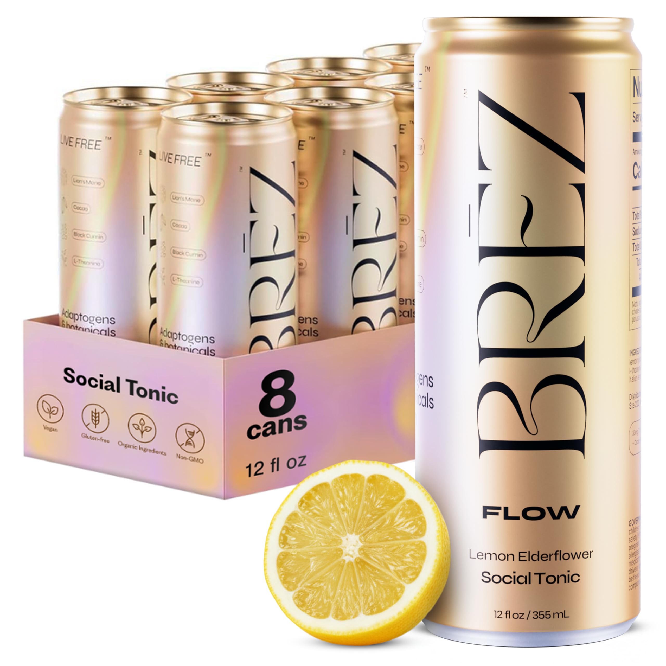 BRĒZ FLOW Lion’s Mane Mushroom Drink 8 Pack, Lemon Elderflower, Supports Mood & Focus, Non-Alcoholic Sparkling Adaptogen Drink, Functional Mushrooms, Feel Clear, Calm & Refreshed- 12 Fl oz Cans