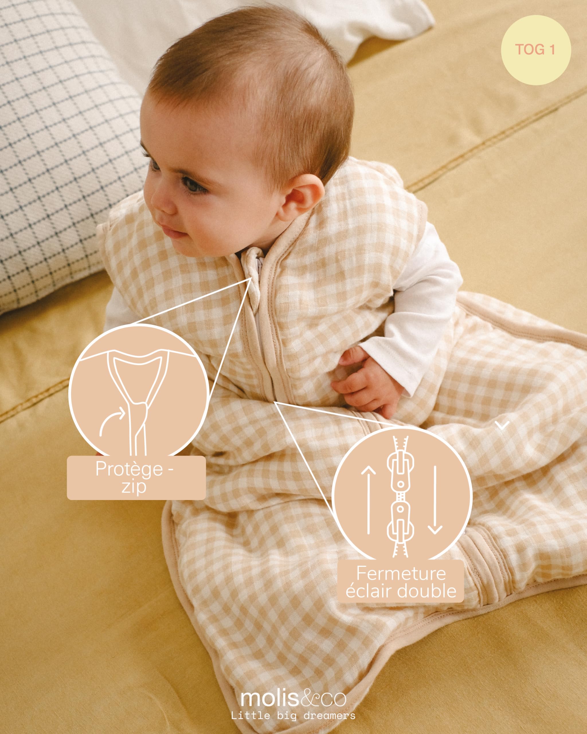 molis&co - Gigoteuse pour bébé - Gigoteuse Bébé Tog 1 - Mousseline de Bambou Première - Changement de Couche à accès à Zip Facile - Turbulette pour Bébé, Fille Garçon - Vichy Sand (6-18 mois)