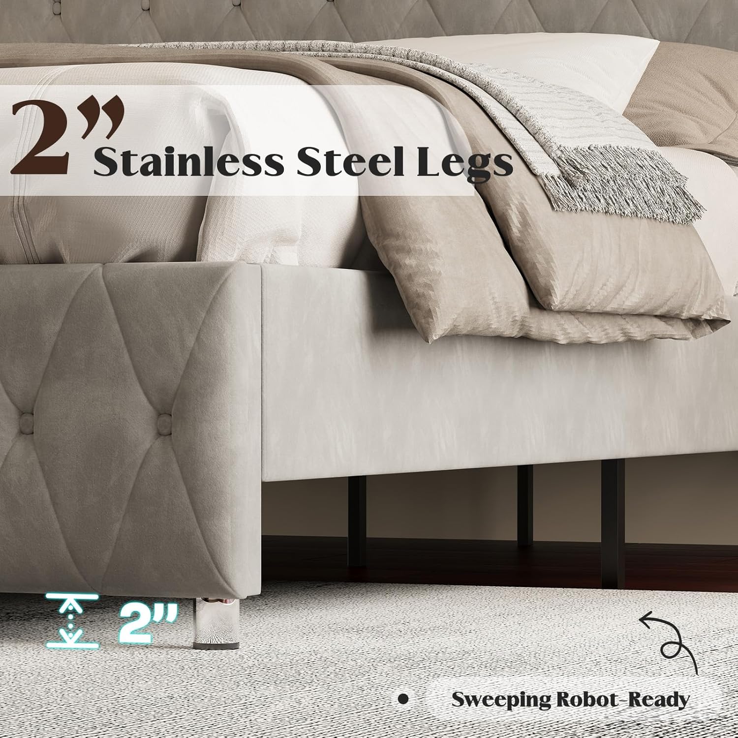 YUMPIE Queen Size Bed Frame with LED Lights, Upholstered Platform Beds with Button Tufted Adjustable Headboard, No Box Spring Needed, Velvet Grey