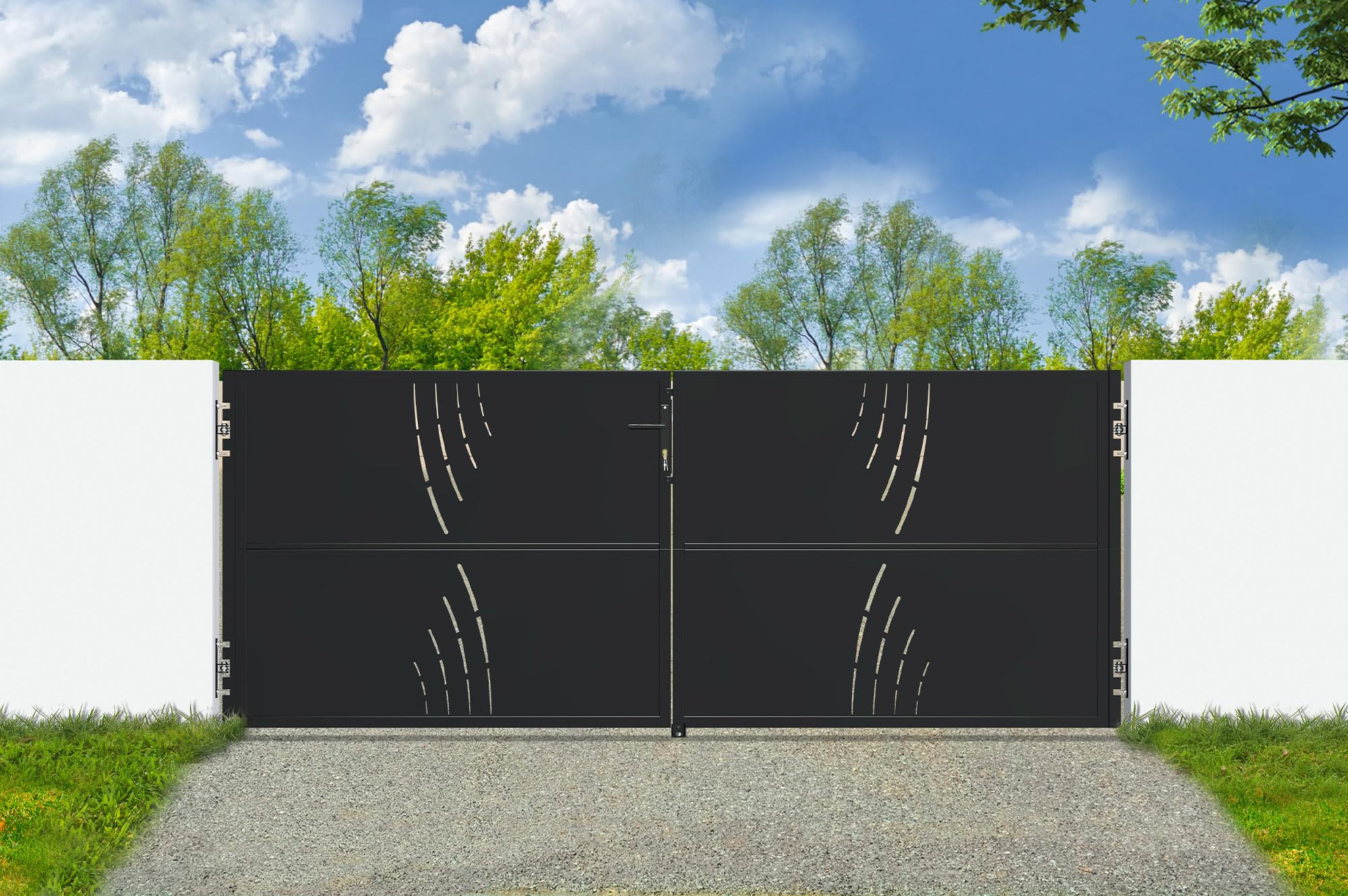 CASANOOV Portail Battant Acier NALI VELETA 293x120 cm 3x1,2 m 4 m² Noir Mat Design Motif Nature Extérieur Sécurisé Robuste Acier Galvanisé Compatible 306-311 cm Serrure Incluse Résistant Intempéries