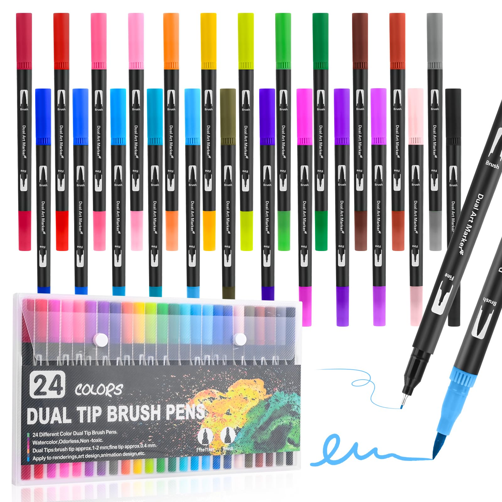 24 Colours Lettering Markers, Double Ended Markers (Fine and Brush), Drying and Odorless, Markers for Lettering, Glass, Painting Stones, Kit for Children and Adults