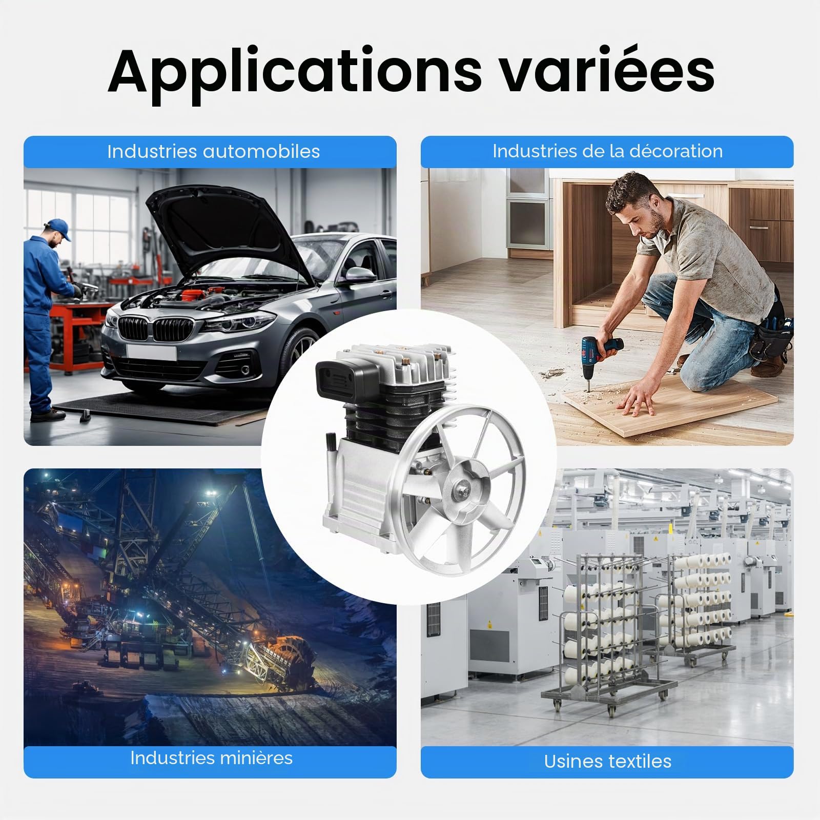Agrégat compresseur, Compresseur d'air 3 CV Tête de pompe 250 l/min Agrégat de compresseur, Compresseur à piston Compresseur d'air comprimé pour industrie automobile Outils pneumatiques Industrie