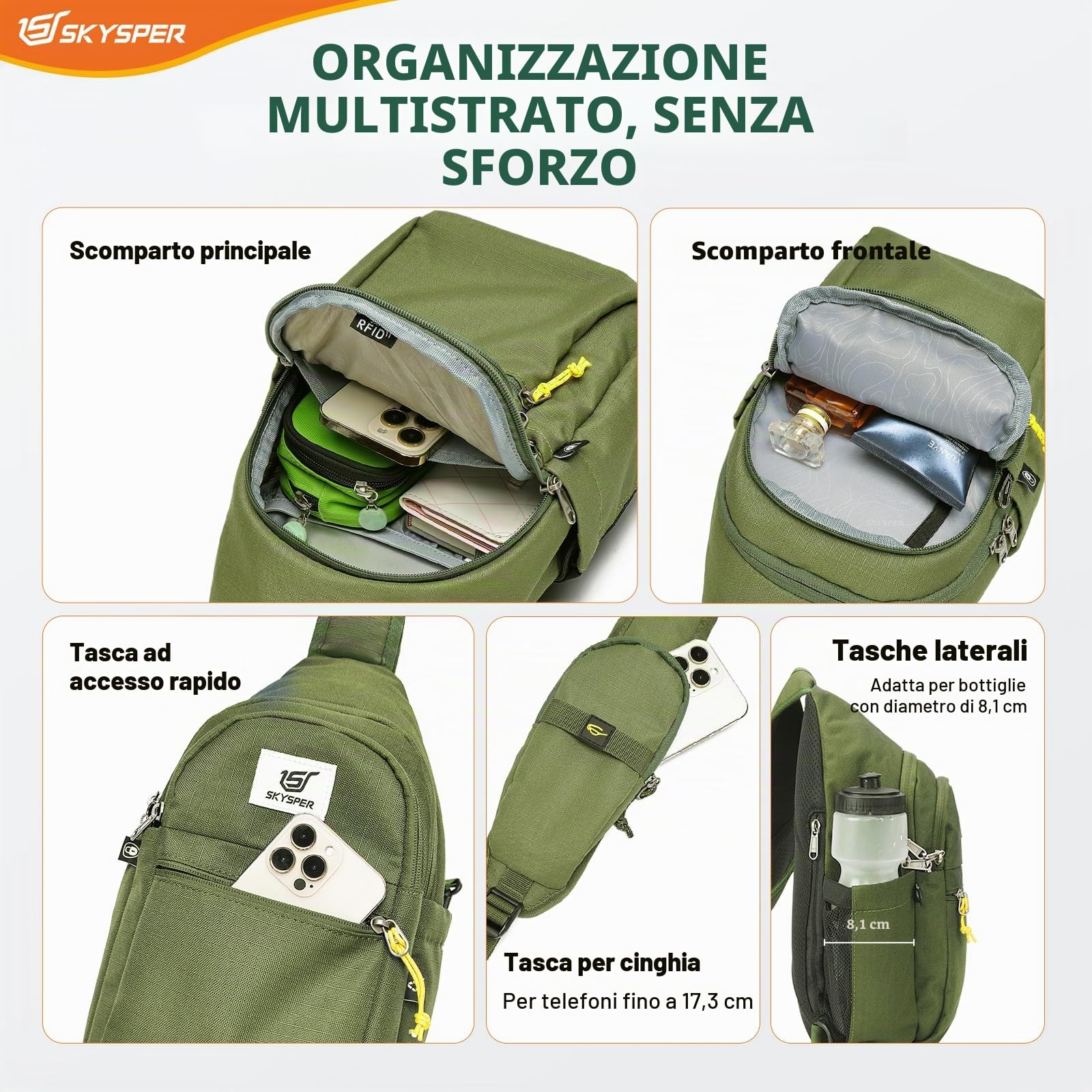 SKYSPER Zaino Monospalla Uomo Antifurto Borsa a Tracolla per Donna Uomo Piccolo Sling Bag Sportivo Crossbody Borsello Zaini da Viaggio Trekking