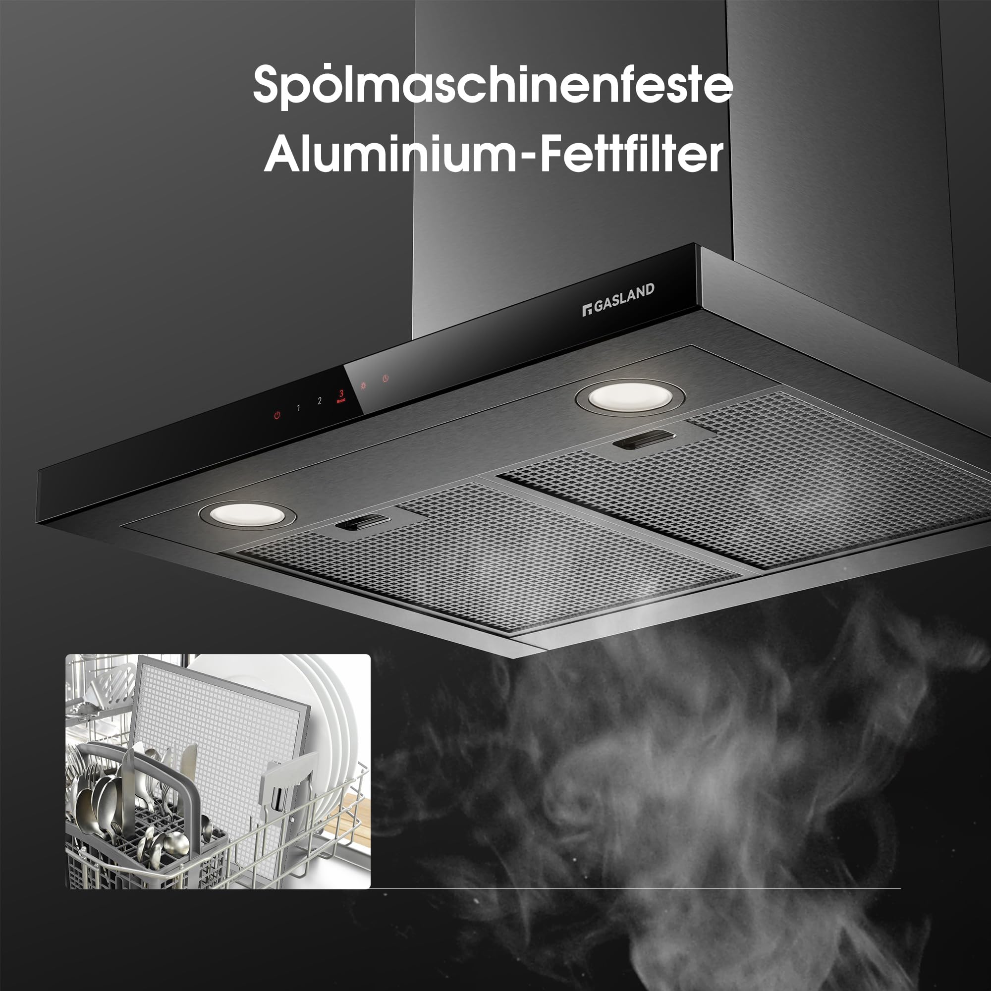 GASLAND TR60SS Hotte Aspirante 60 cm, Recyclage ou Évacuation, 881 m³/h, Classe A++, Filtre à Charbon Actif Inclus, 4 Vitesses Tactiles, Hotte Murale Silencieuse en Inox Argent