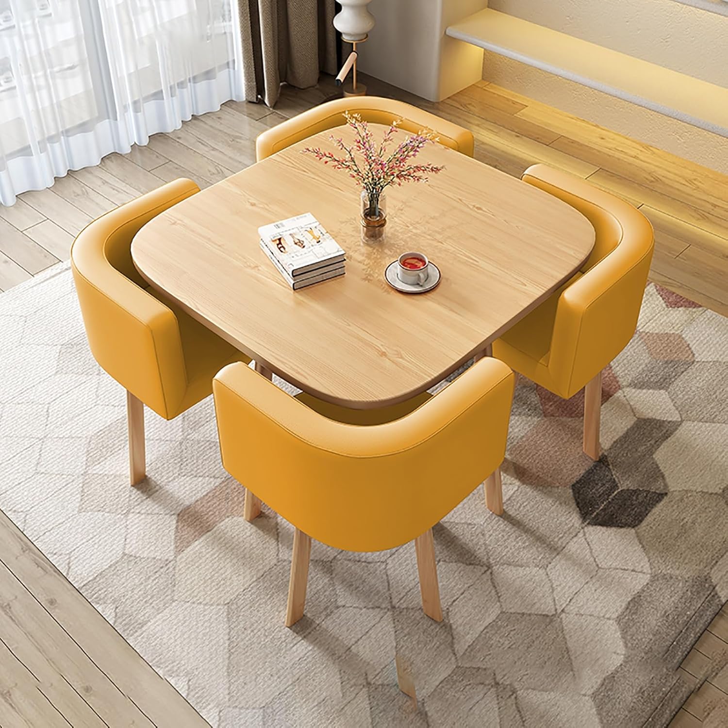 Modern Reception Table and Chair Set - Square Negotiation Table with 4 Chairs for Living Room Kitchen Office - Stylish Desk and Chair Combination for Elegant, Yellow-80X80X75Cm