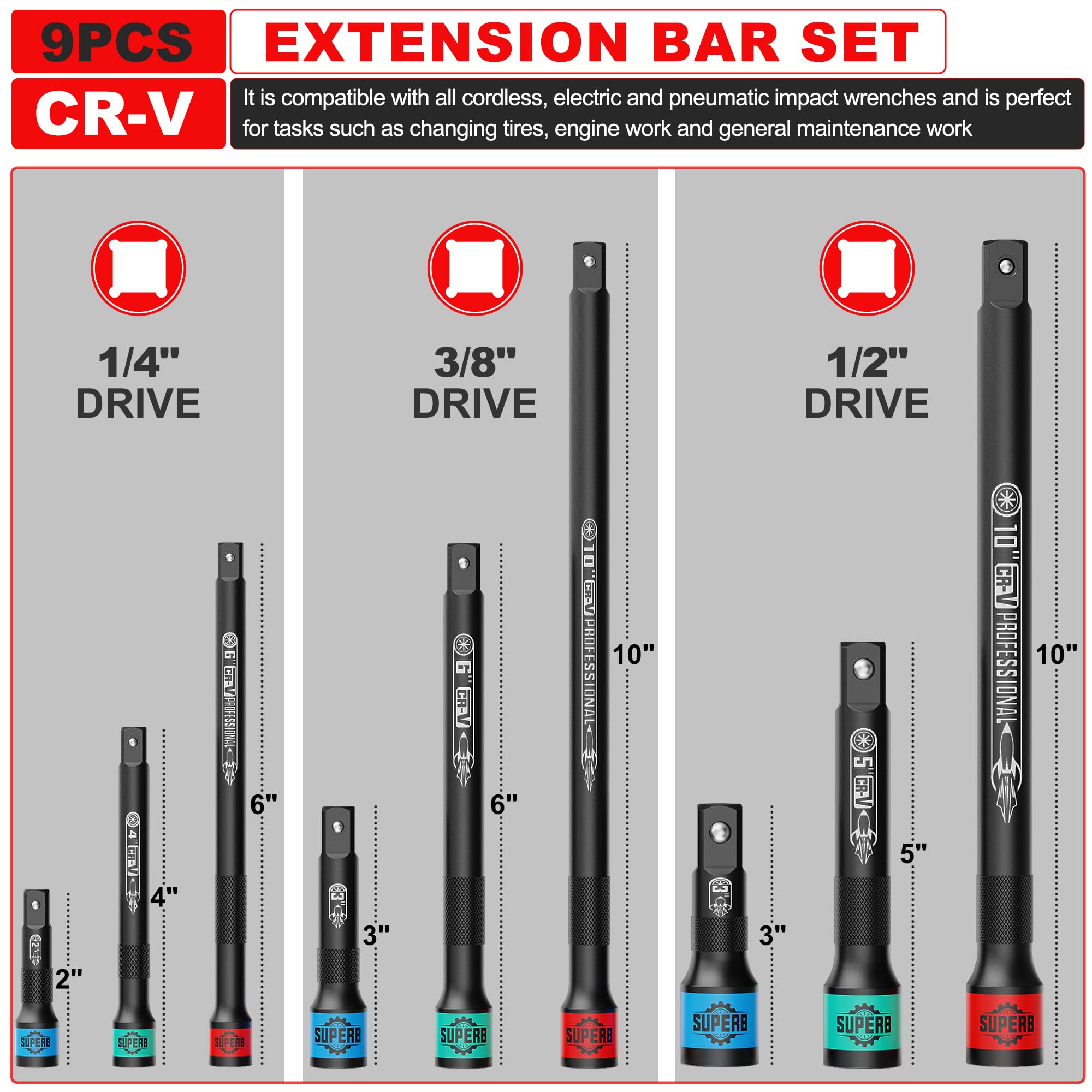 KIRXST 1/4" 3/8" 1/2" Impact Socket Extension Bar Set, 9 Piece Drive Extension Bar - Image 2