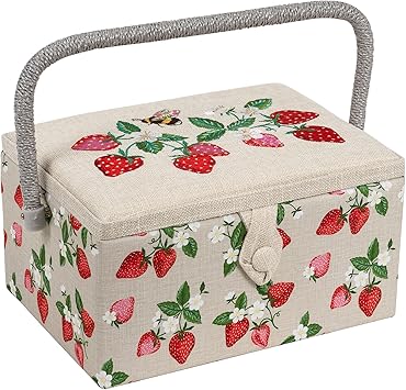 Hobby Gift Medium Sewing Craft & Hobby Storage Box, Accessories Tray Pin Cushion Pockets, 10 x 7.3 x 5.7 - Strawberries