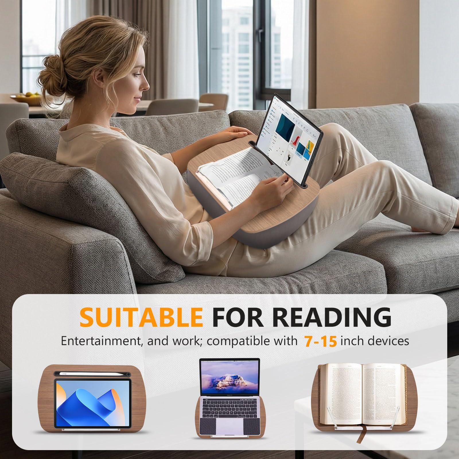 Leggio e supporto per lettura, a mani libere su divano, letto e scrivania, per libri, e-reader, tablet e laptop, come regalo per gli amanti dei libri (grigio)
