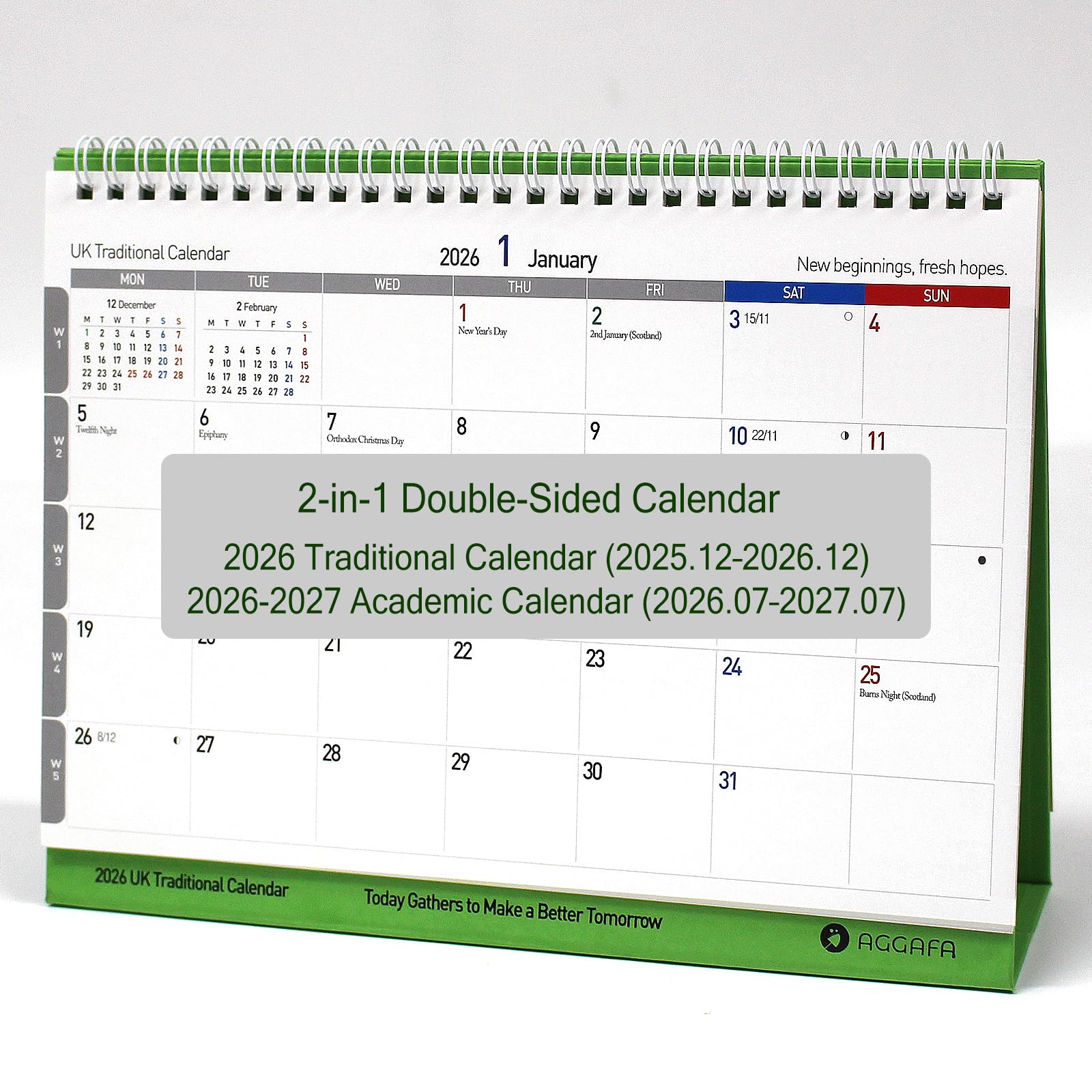 AGGAFA Desk Flip Calendar, Bigger Text & More Writing Space, 2-in-1 Double-Sided Standing Design, Colour-Coded Pages, Moon Phases, 250 × 195 mm (2026 UK+EU Desk Calendar)