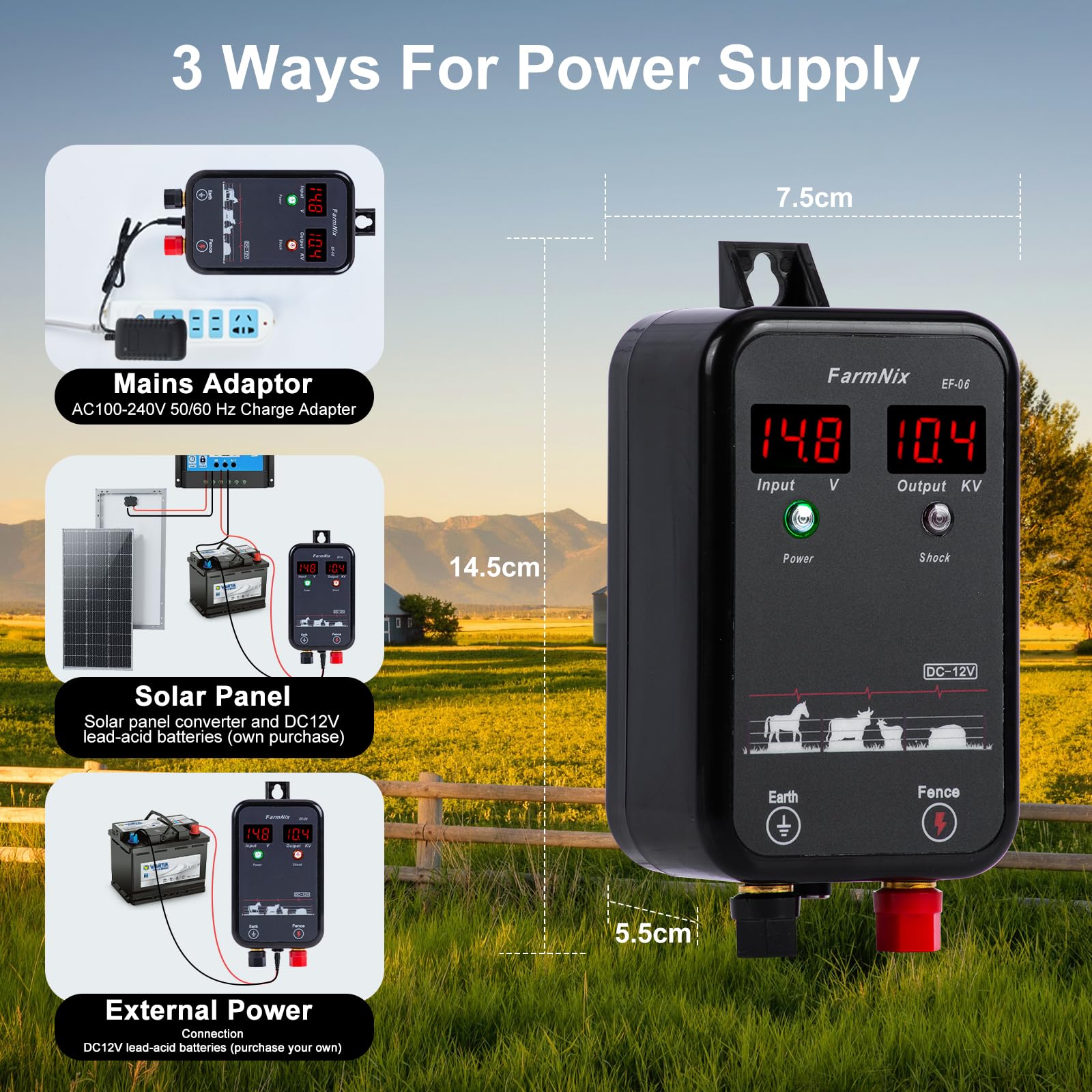 15KM Recinto Elettrico per Animali, 2J Elettrificatore per Recinzione Elettrica, Tensione regolabile 7-13KV Controllore di Elettrico Per Recinti Animali per Fattoria, Giardino, Pascolo (Nero)