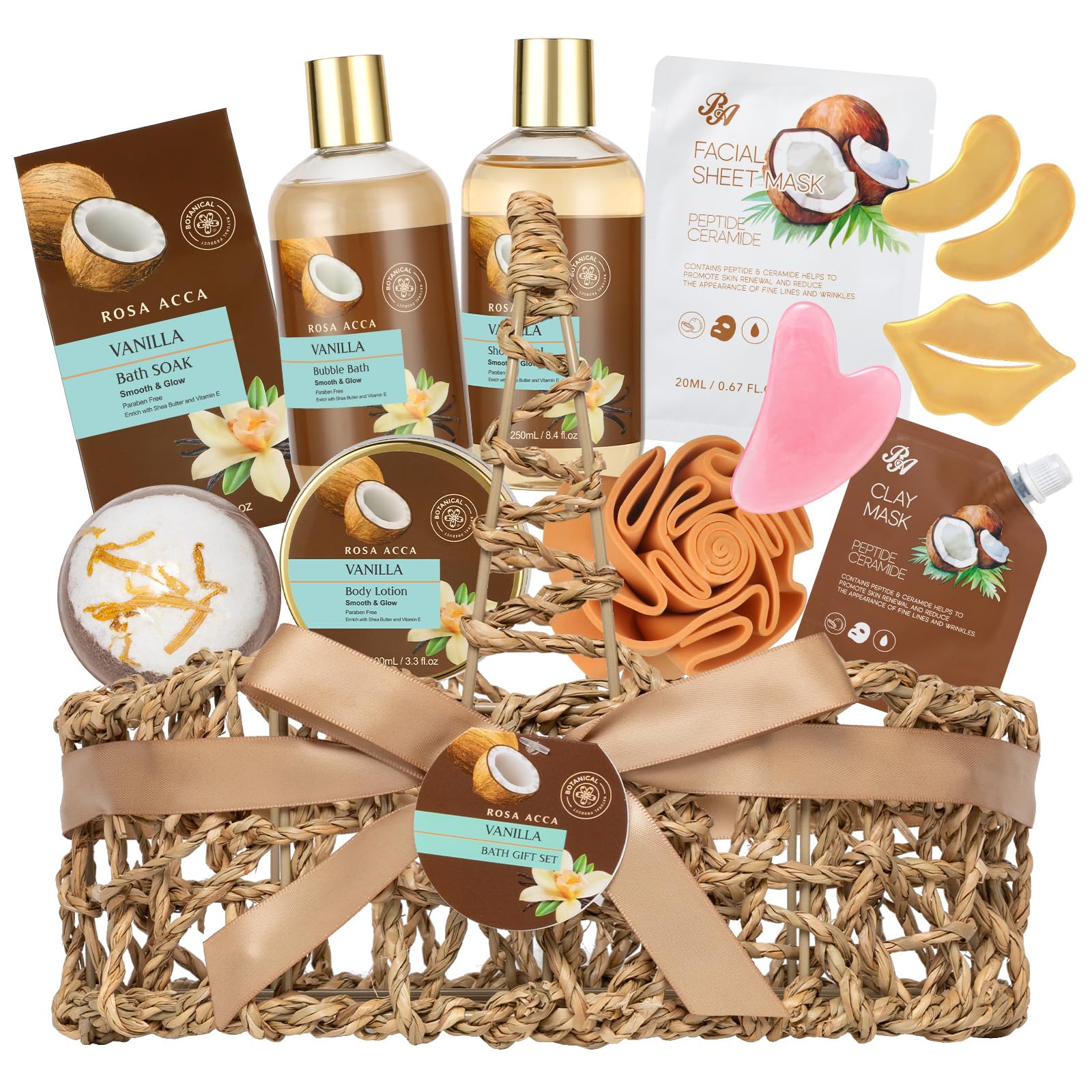 Valentines Day Gifts for Women & Men, 12pcs Vanilla Coconut Bath and Body Self Care Set, Spa Gift Basket, Bath Bomb, Parfume Lotion, Spa Kit,