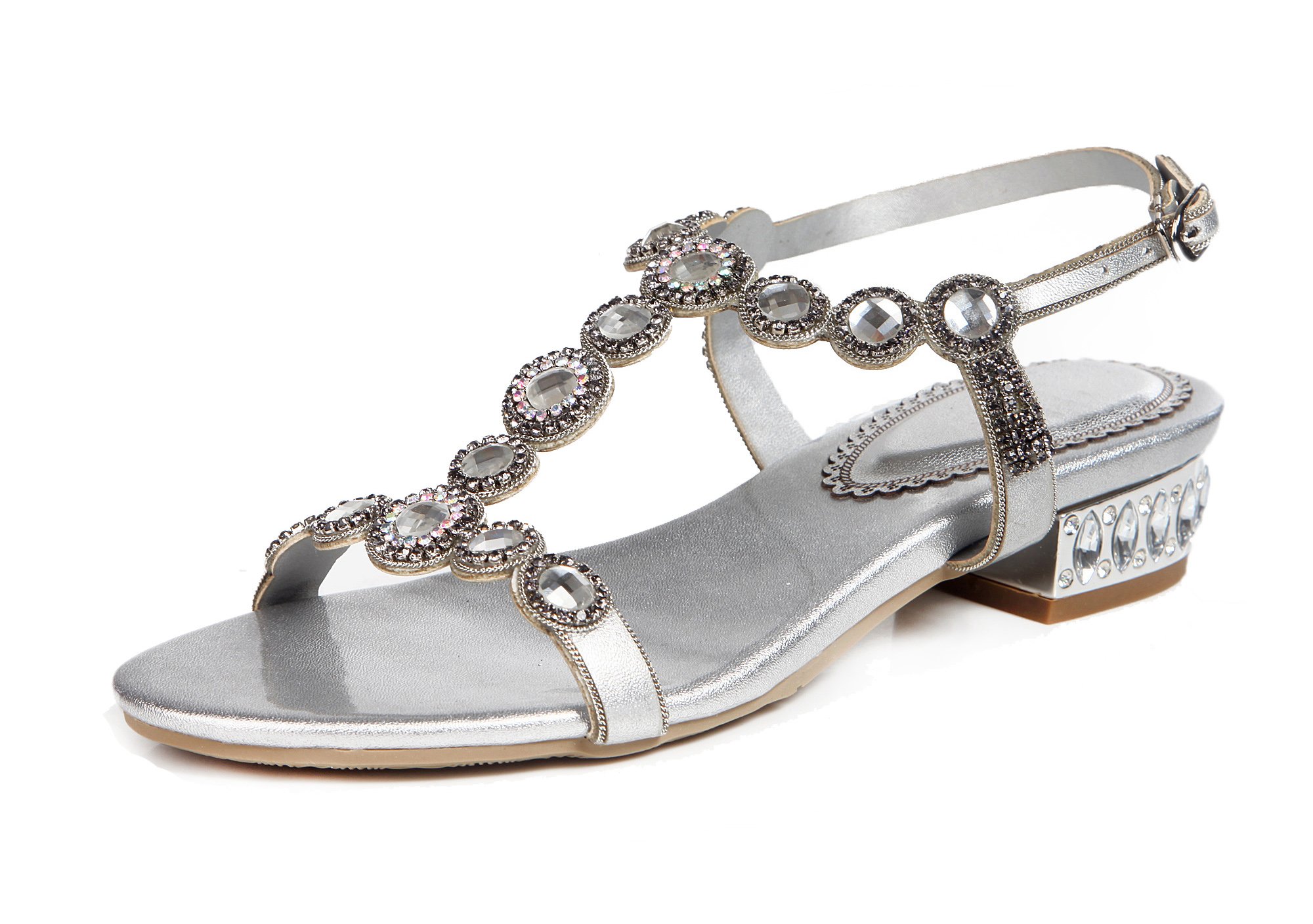 Women's Round Rhinestones PU Leather Low Heel Party Sandals Shoes