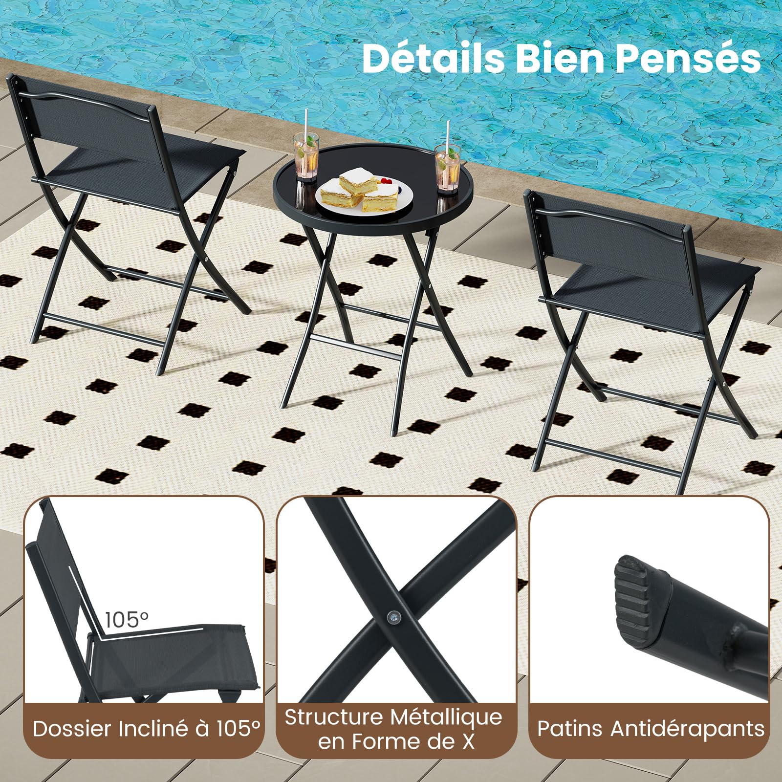 GOPLUS Salon de Jardin Exterieur 2 Personnes, Salon de Balcon Bistro avec Table en Verre Trempé et 2 Chaises, avec Cadre Métallique pour Terrasse, Jardin et Balcon (2 Personnes,Noir)