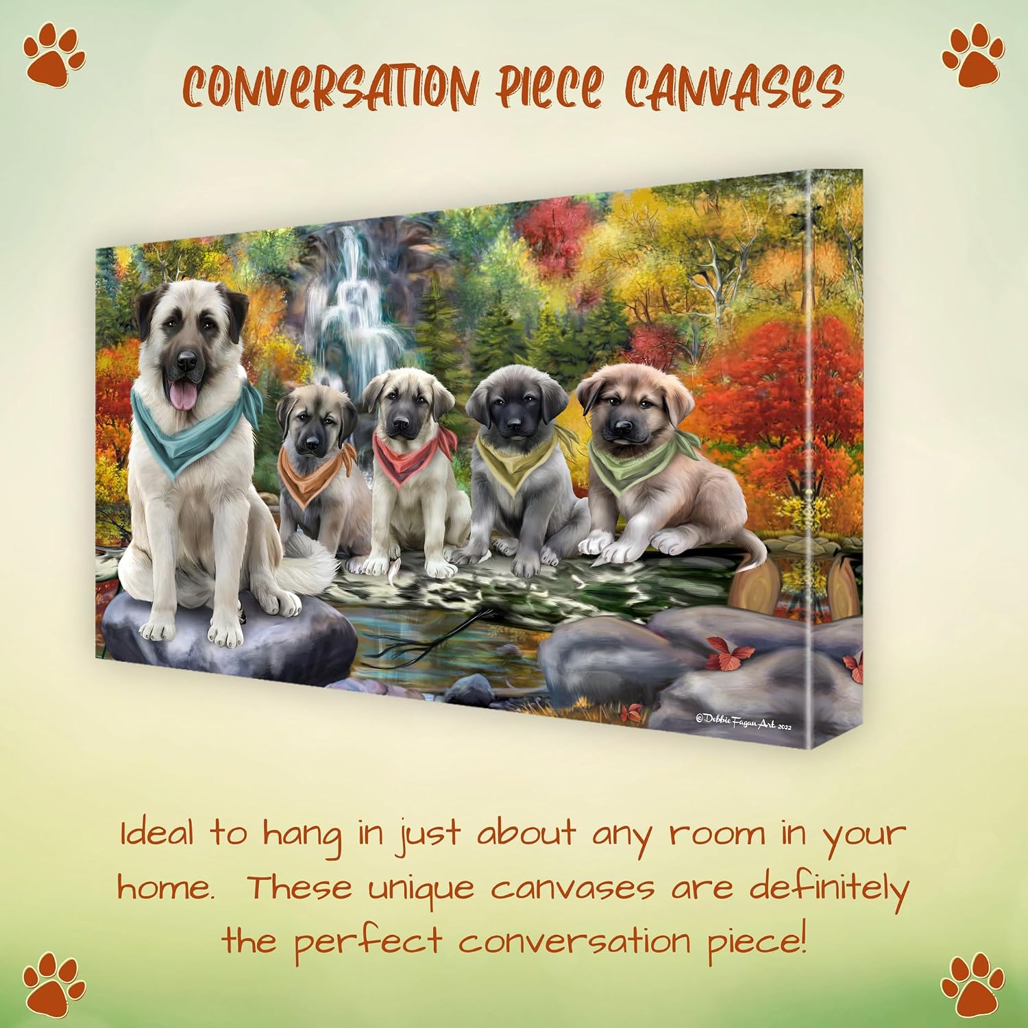 Doggie of the Day Waterfall Family with Anatolian Shepherd Dogs Canvas Wall Art - Premium Quality Ready to Hang Room Decor - Flat Rolled 11" x 14"