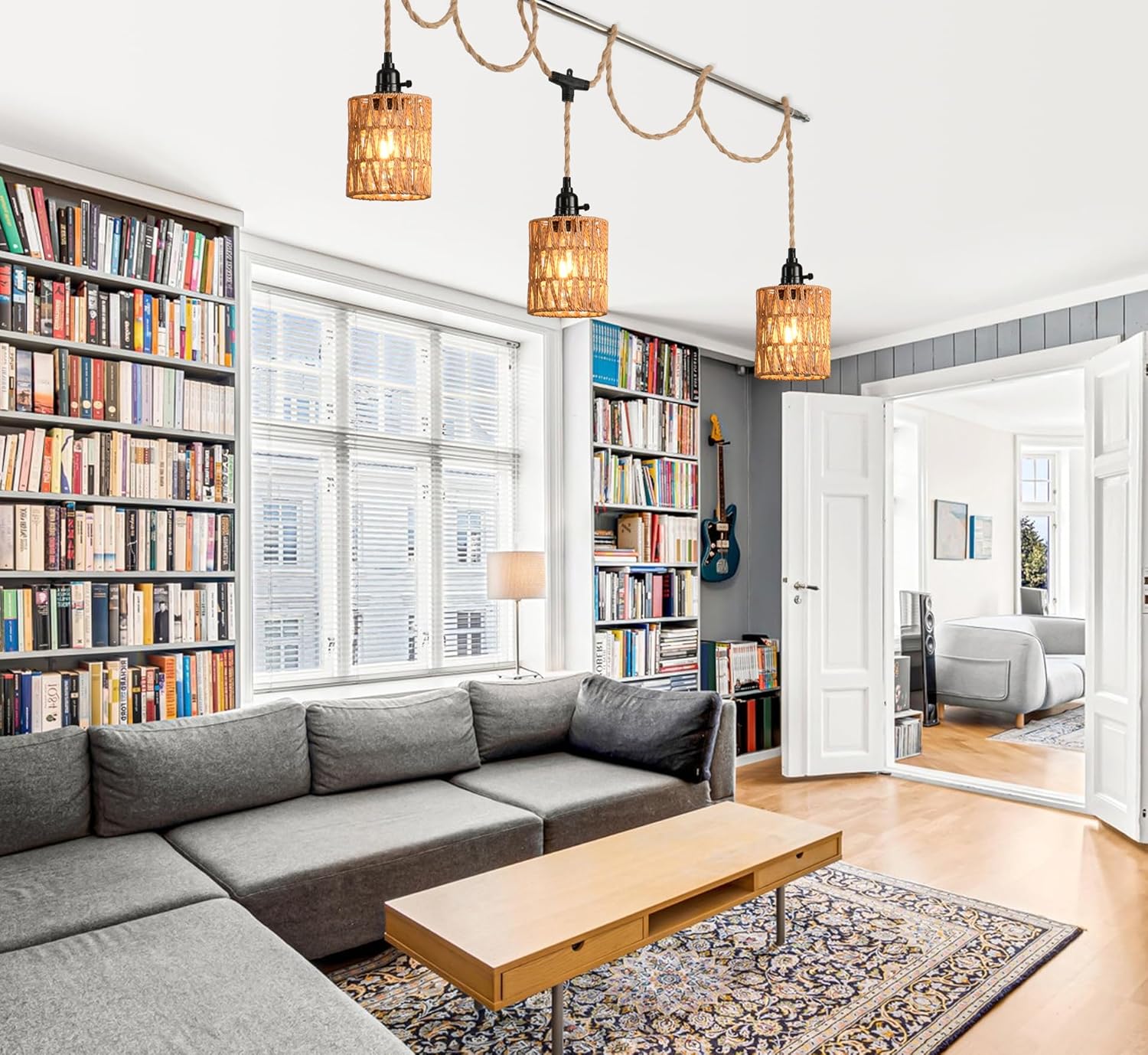 3-Light Hanging Light with Plug in Cord,Plug in Pendant Light 22ft Hemp Rope Pendant Lighting Vintage 3-Light Hanging Lamp Fixtures for Kitchen Island Living Room Bedroom