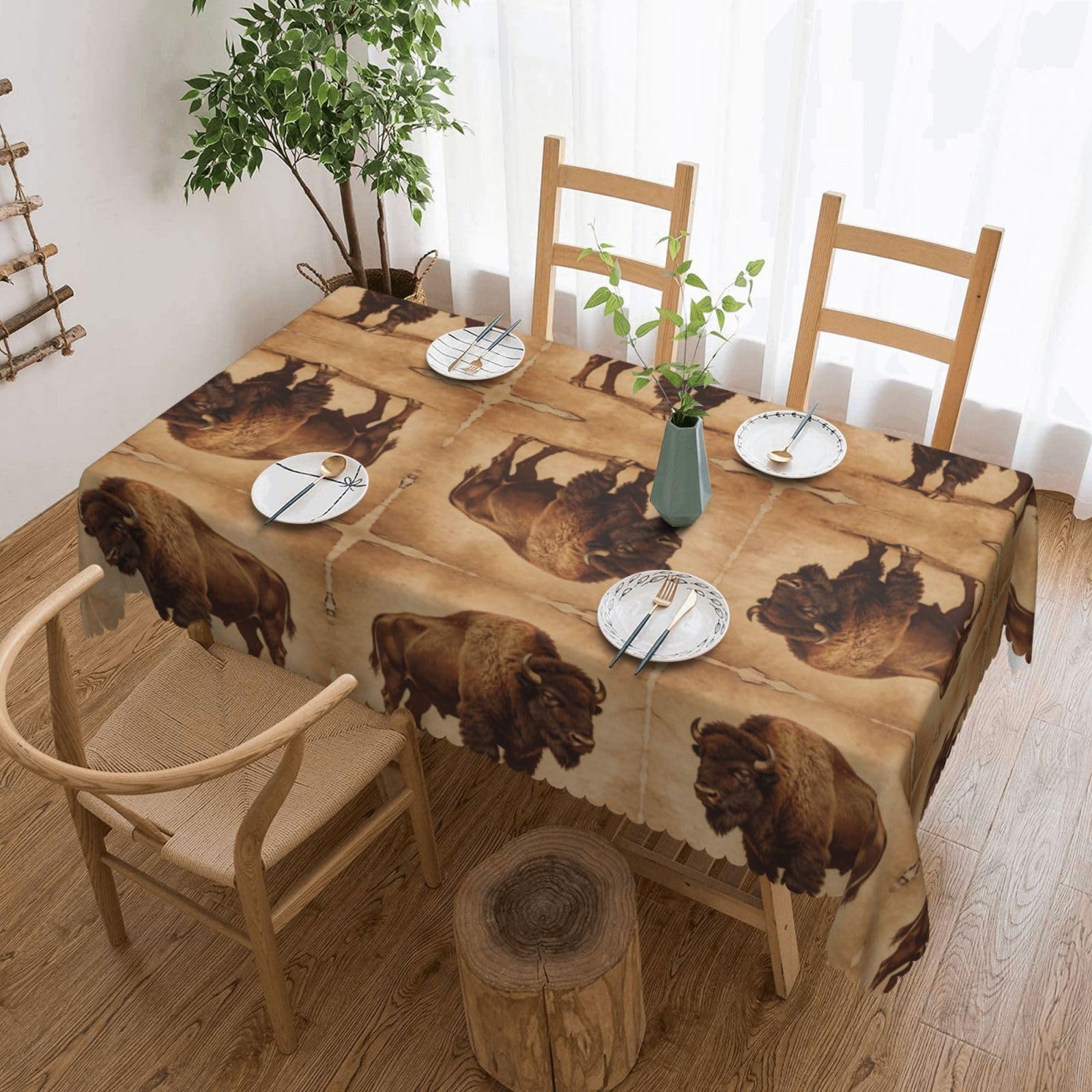 CNTDBU Old Paper Buffalo Scalloped Edge Tablecloth 54x72-Waterproof Stain Resistant Wrinkle Free Cover, Square Table Cloth for Dining Party