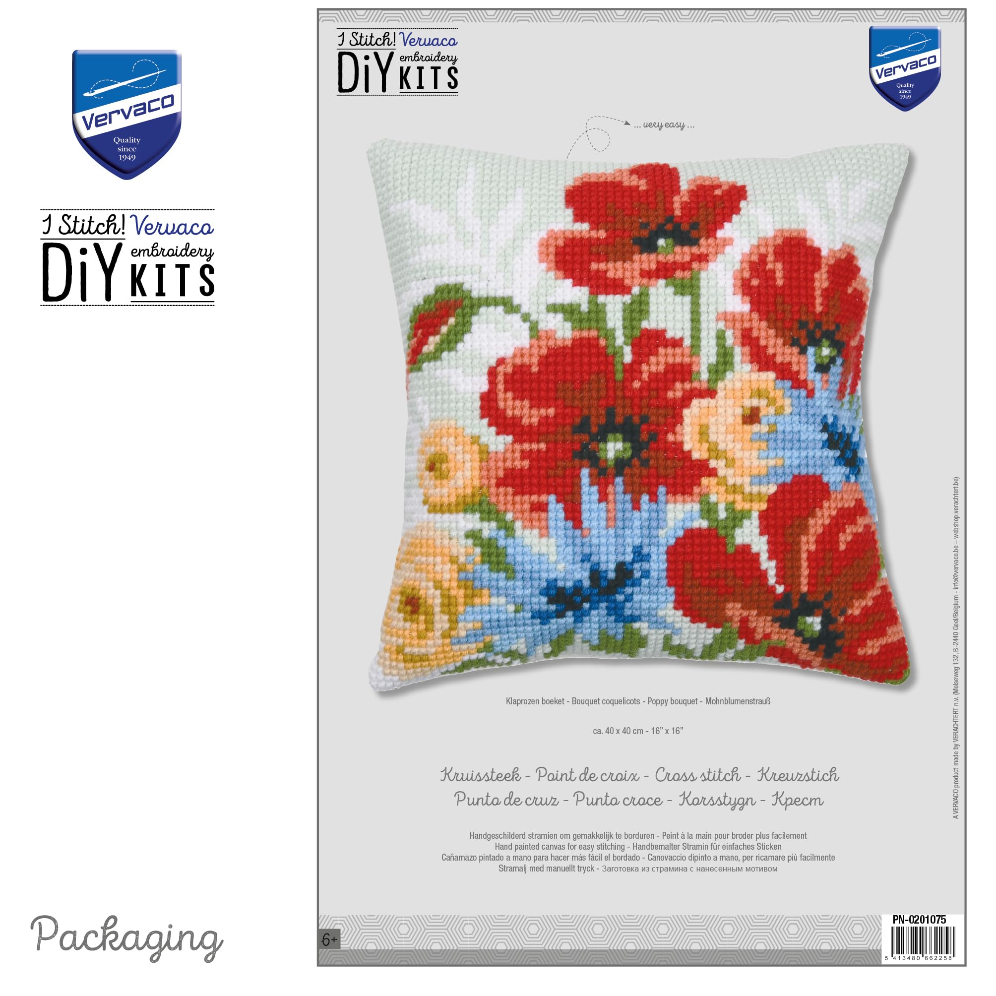 VERVACO Zestaw do Haftu Krzyżykowego Poduszka BUKIET MAKÓW Kanwa z Nadrukiem 40 x 40 cm Gruba Włóczka Akrylowa Zrób to Sam Dekoracja Domu DIY Cross Stitch Kit