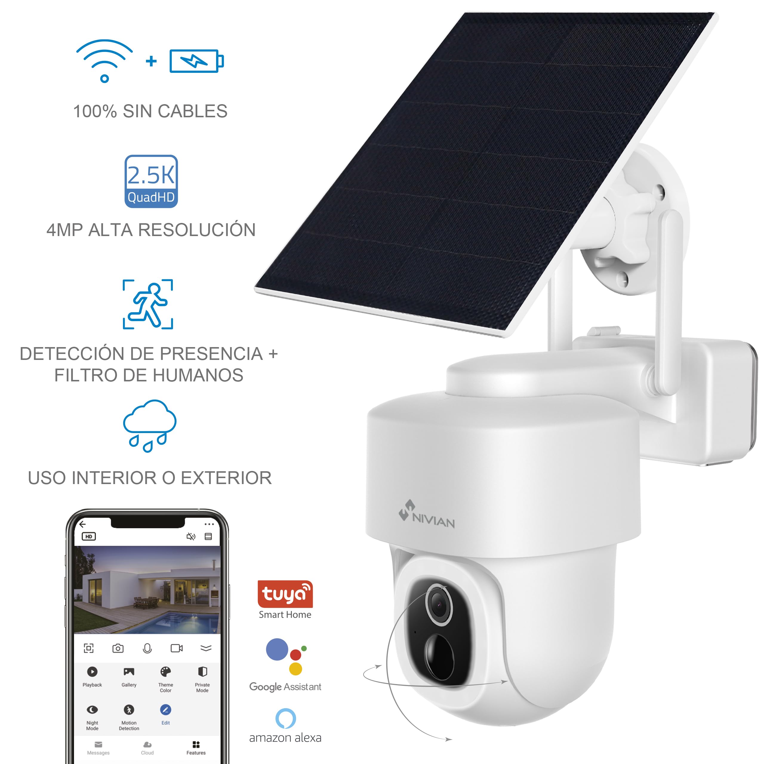 NIVIAN Telecamera Wifi Esterno SUPER HD, Batteria e Pannello Solare, Sorveglianza Senza Fili e Senza Pensieri | Rilevamento Umano, Visione Notturna, Audio Bidirezionale, Controllo App, Alexa/Google