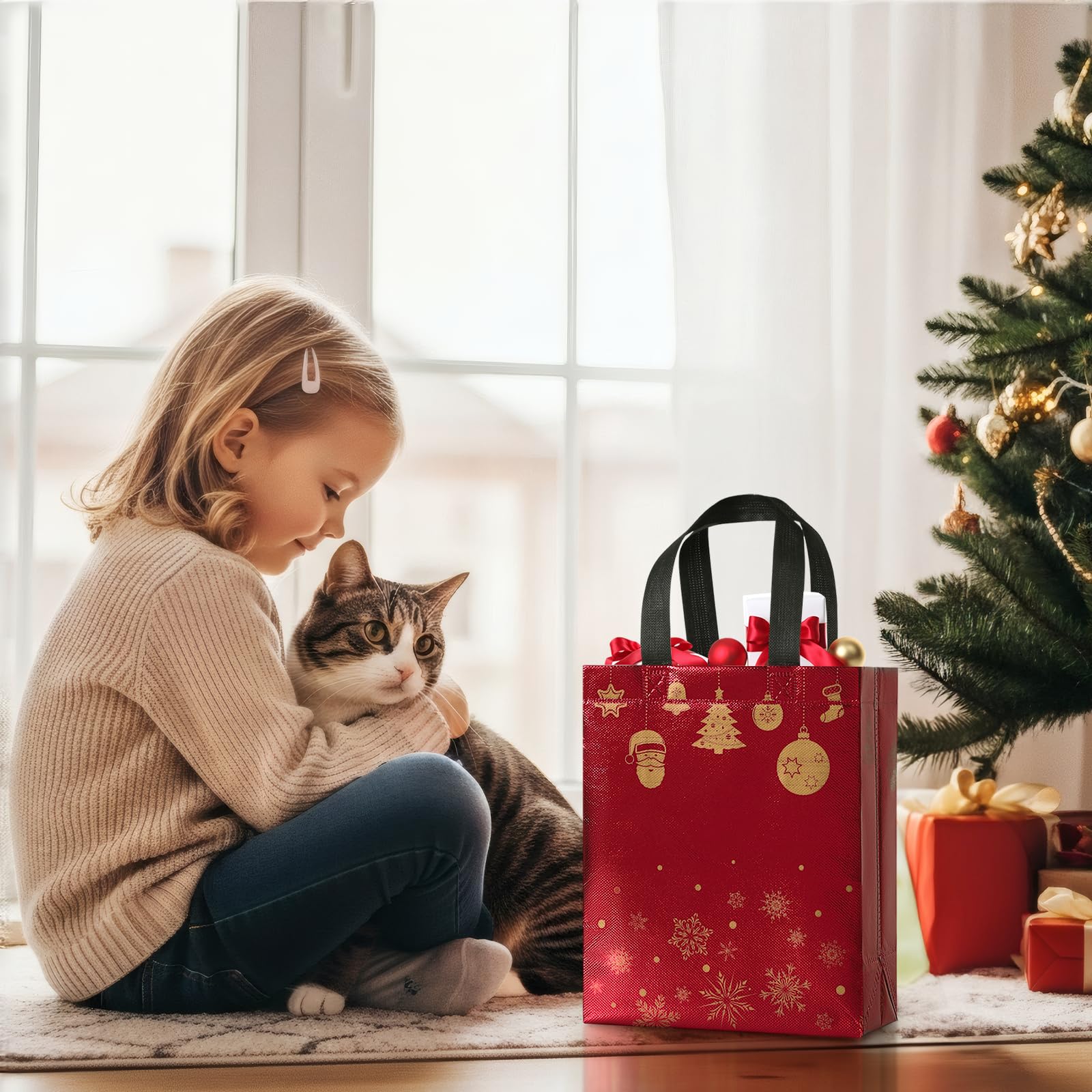 STYPOP 16 sztuk 25 cm torby na prezenty świąteczne średniej wielkości z bibułką, wielokrotnego użytku, świąteczne torby na zakupy z uchwytami, nietkane torby na prezenty świąteczne na Boże Narodzenie,