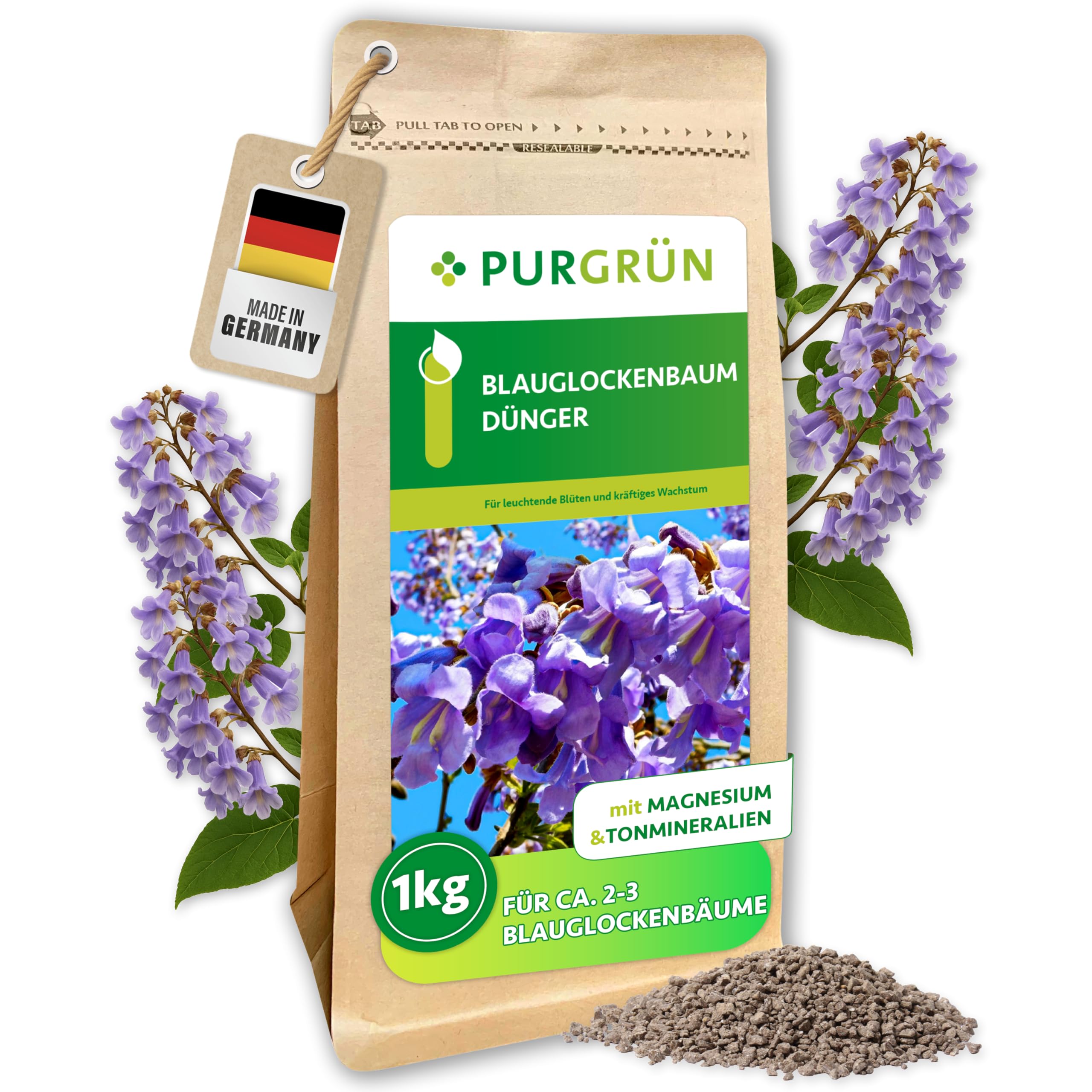 Blauglockenbaum-Dünger 1 kg – Organisch-mineralische Rezeptur – Feinkörniges Krümelgranulat – NPK 5+4+6 – Extra Magnesium für leuchtende Blüten – Verbessert die Bodenqualität