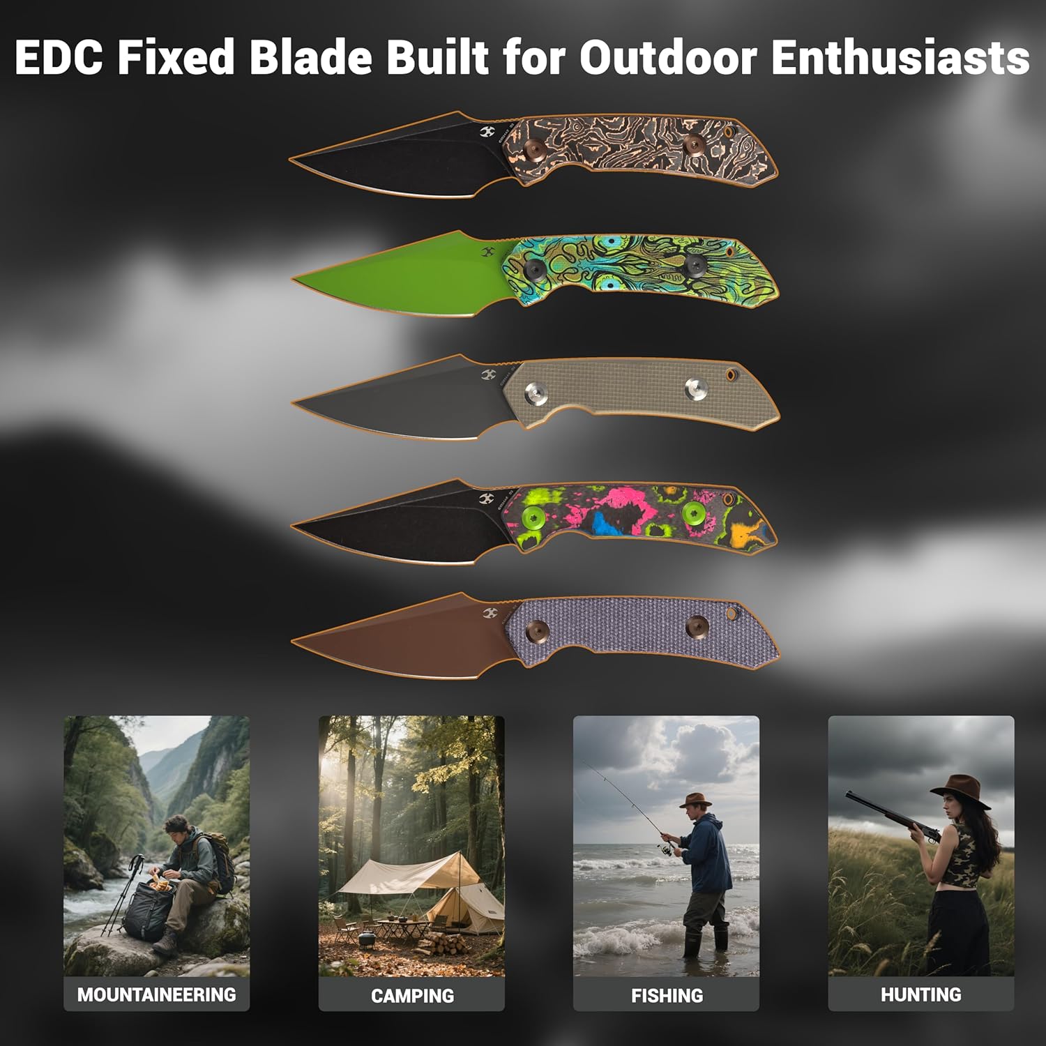 KANSPET Fenrir Fixed Blade Knife, 2.87"Blackwash D2 Tactical Survival with Copper Carbon Fiber Ergonomic Handle, Full Tang and Adjustable Kydex Sheath for EDC Hunting Camping Outdoor for Men G3034A2
