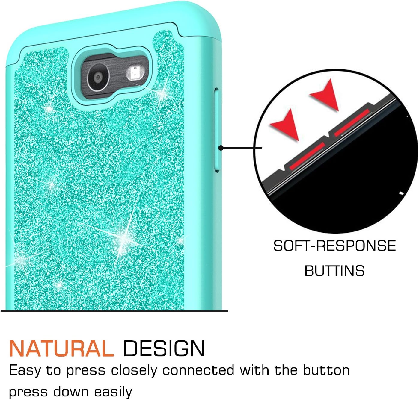LeYi Compatible with Galaxy J7 Perx Case, (Not fit J7 2018) J7 Prime / J7 V/ J7 Sky Pro/Halo Glitter Case with Glass Screen Protector [2 Pack], Hybrid Heavy Duty Phone Case for Samsung J7V 2017 Mint