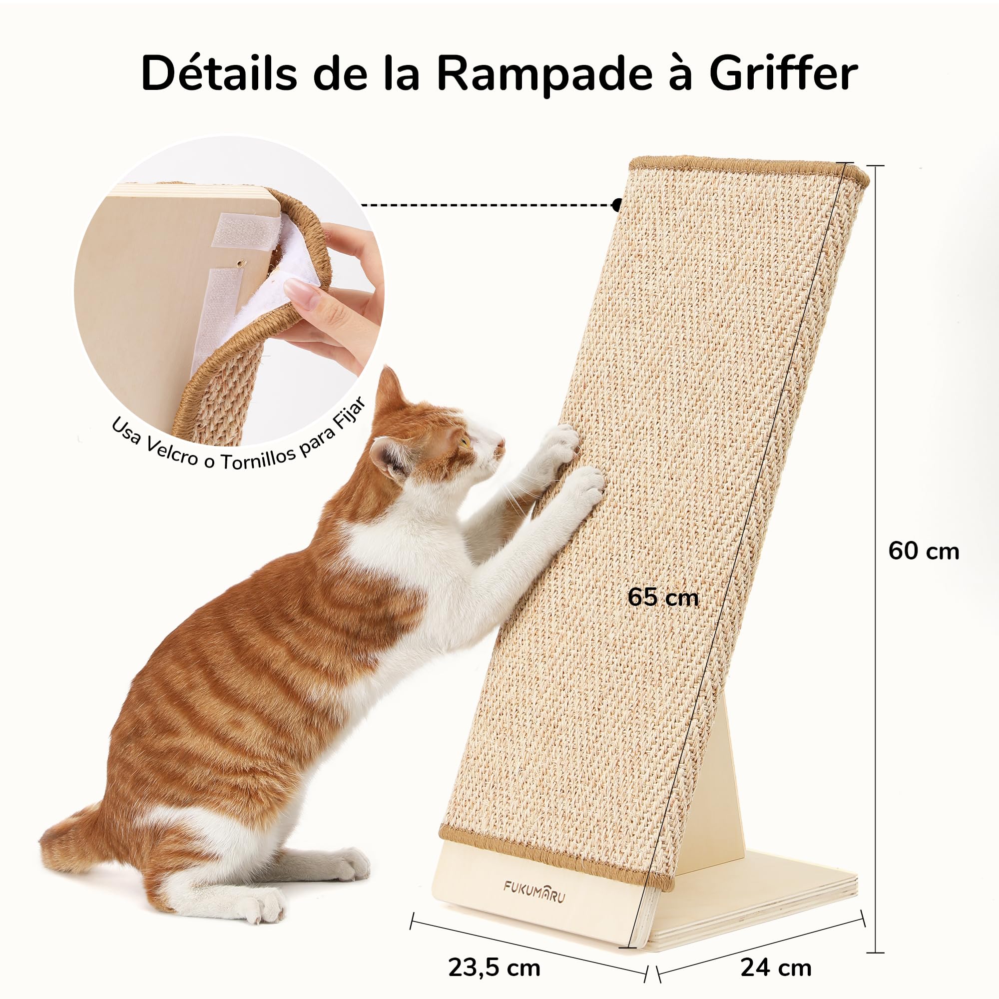 FUKUMARU Griffoir pour Chat, 60 cm en Sisal Naturel avec Rampe, Tapis Griffoir Interchangeable, Cadre en Bois Robuste en Forme de L, Protection des Meubles
