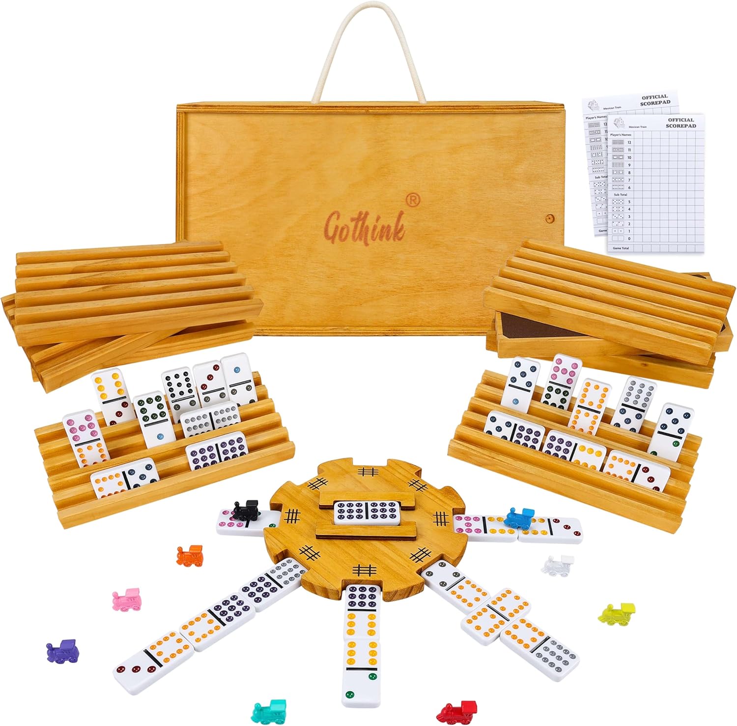 GOTHINK Mexican Train Dominoes Set, Double 12 Dominos Set for Kids Adults and Family, Dominoes Tile Board Game with Tiles Holders*8, Colorful Metal Trains*9, Wooden Hub, Scoreboards*2, Wooden Case