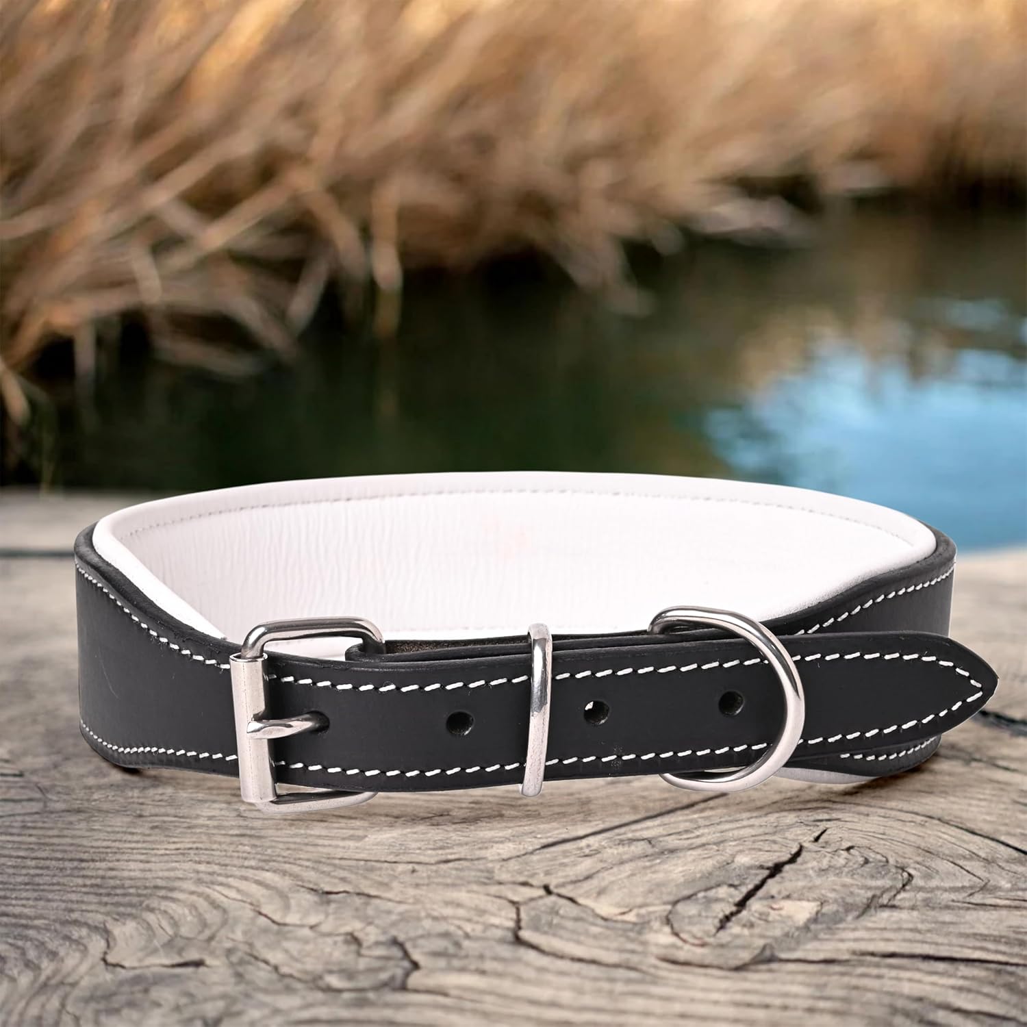 TARICO Adjustable Leather Dog Collar for All Breeds, Heavy Duty Padded Pet Collar with Durable Metal Buckle - Black & White (Small (Fits 17–19" Necks))